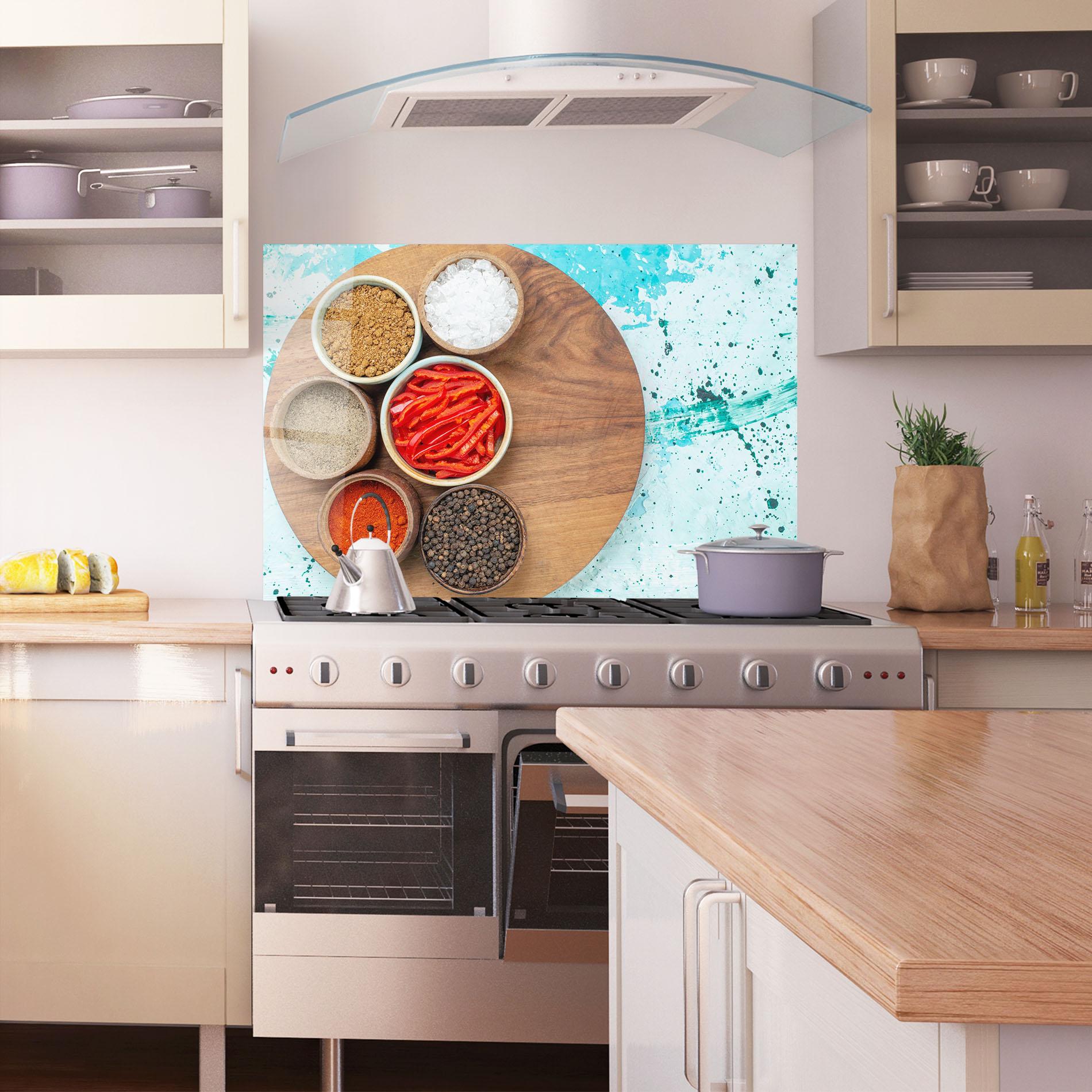 Küchenrückwand Glas Spices On Blue mockup 1
