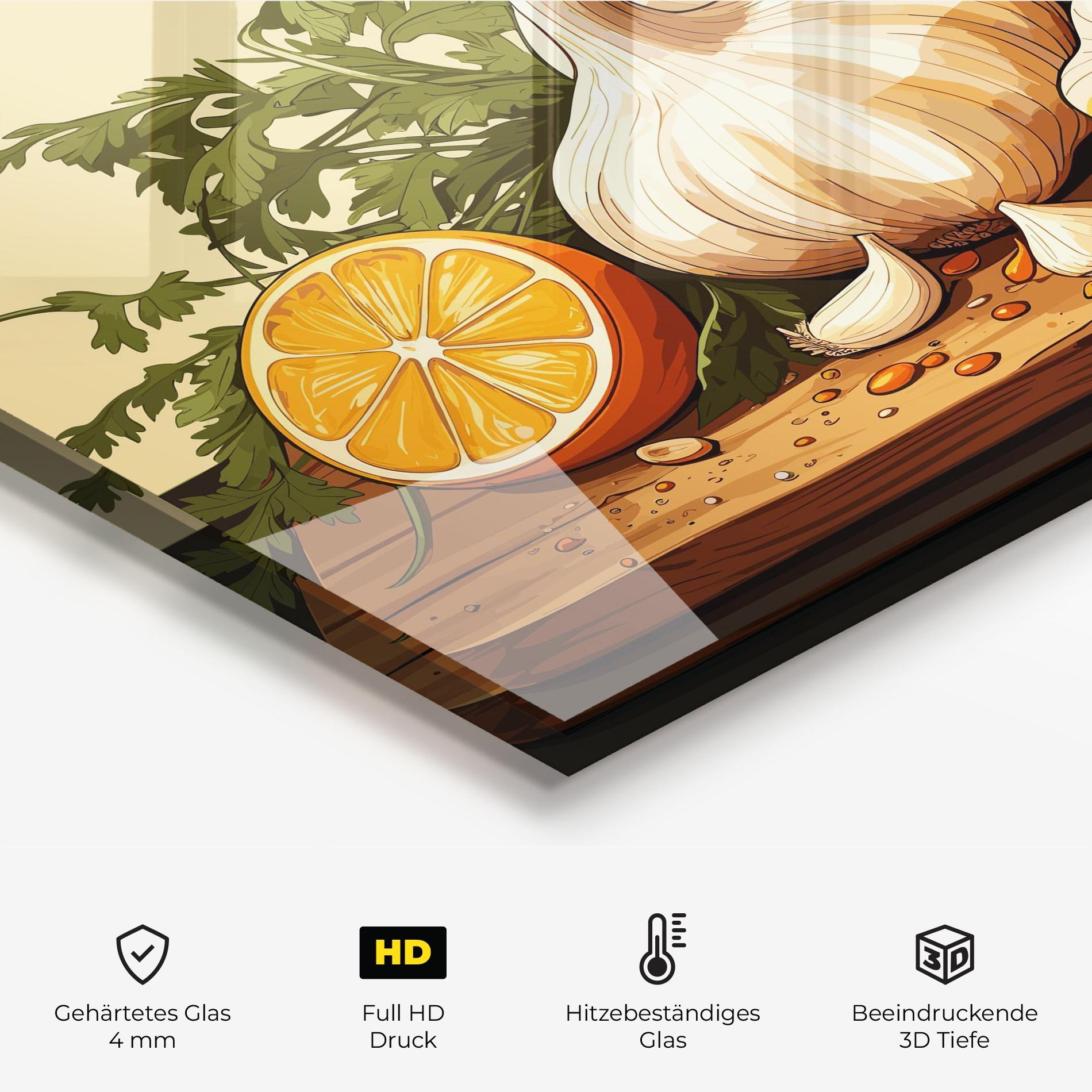 Küchenrückwand Glas Garlic Lemon mockup 2