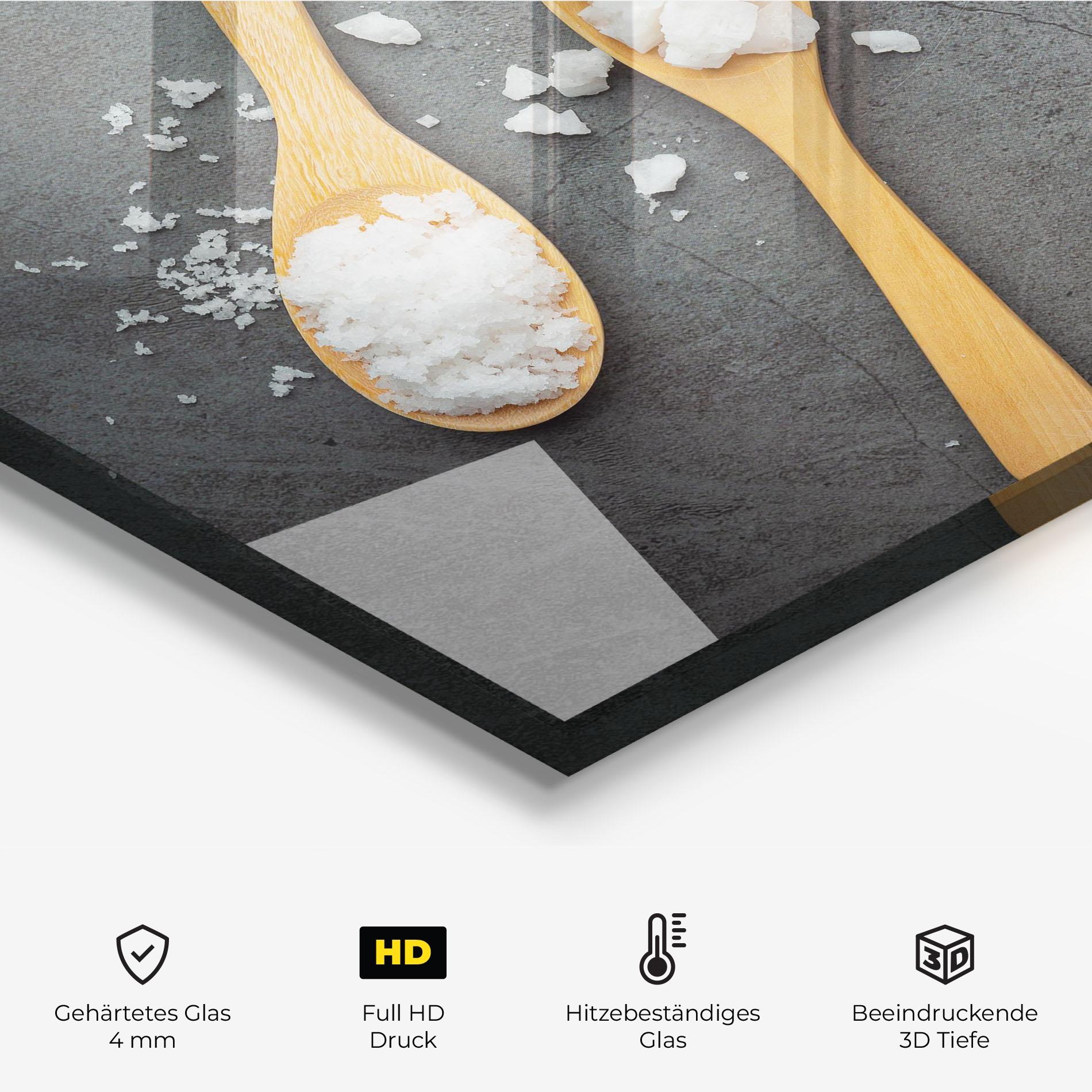 Küchenrückwand Glas Salt Wooden Spoon mockup 2