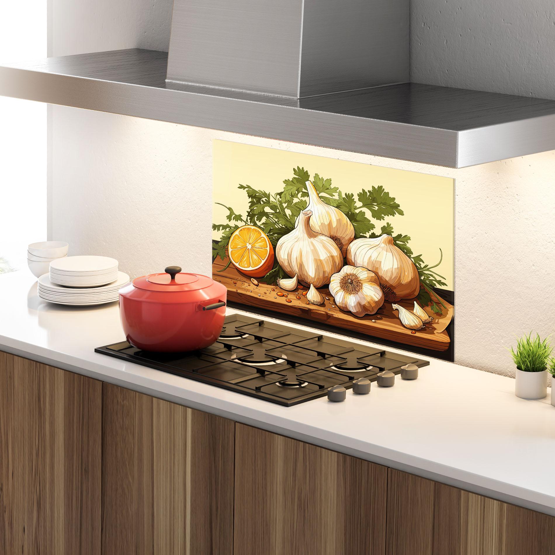 Küchenrückwand Glas Garlic Lemon mockup 4