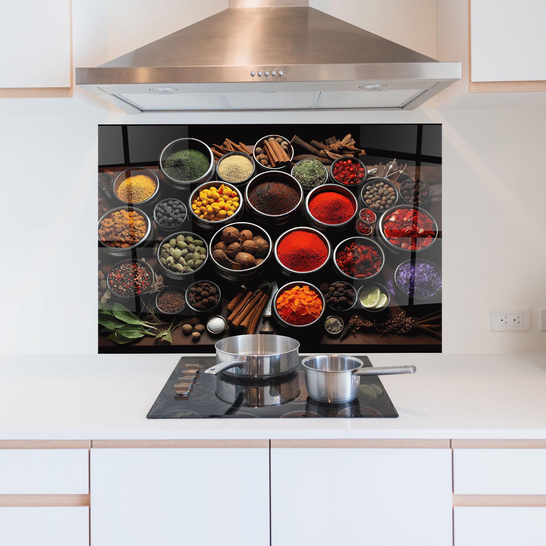 Küchenrückwand Glas Colorful Herbs Art mockup 5
