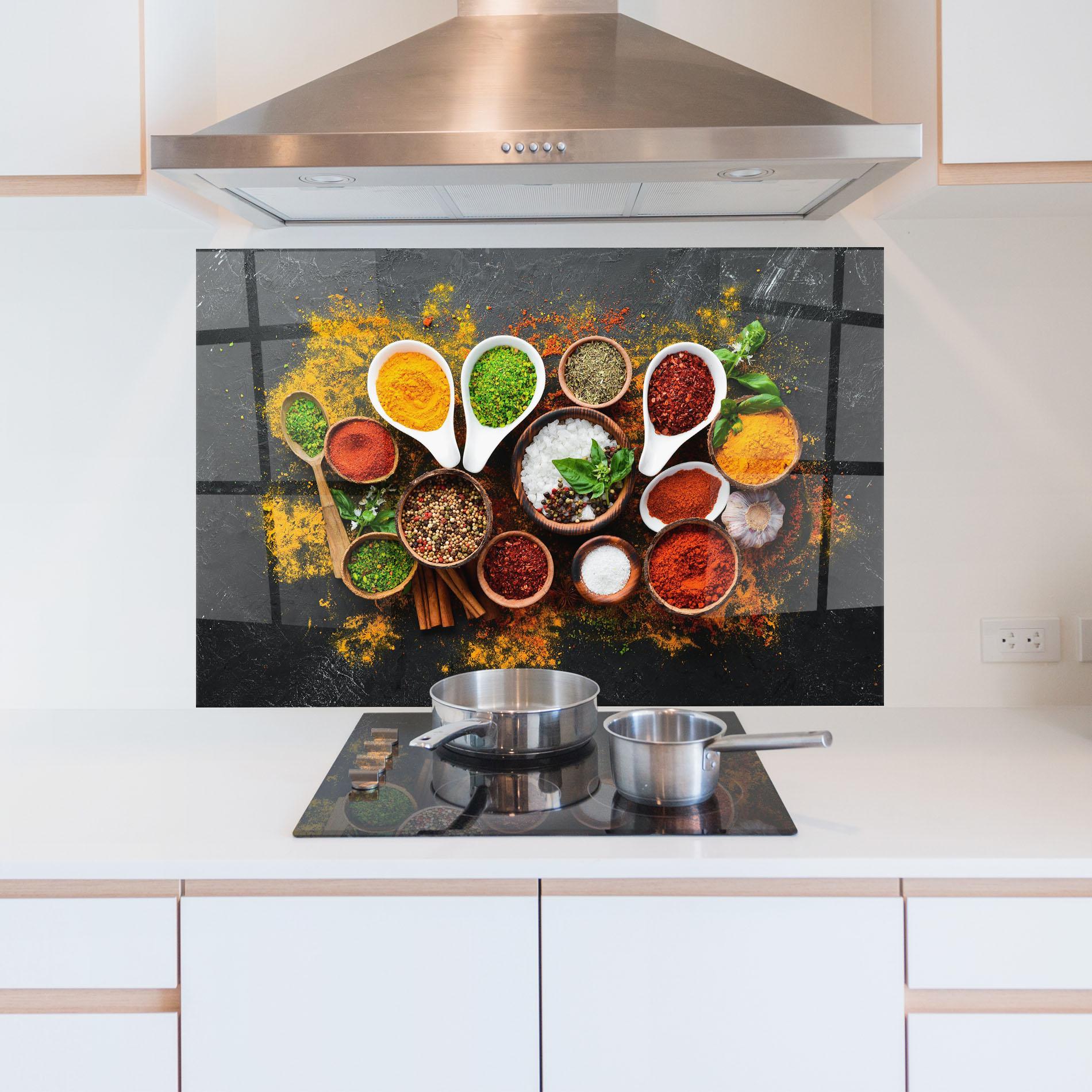 Küchenrückwand Glas Colorful Herbs Spices mockup 5
