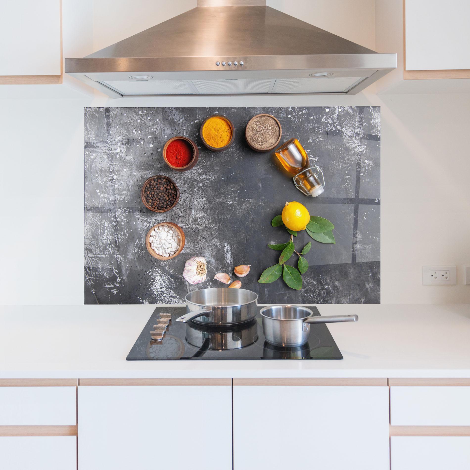 Küchenrückwand Glas Seasonings With Oil mockup 5