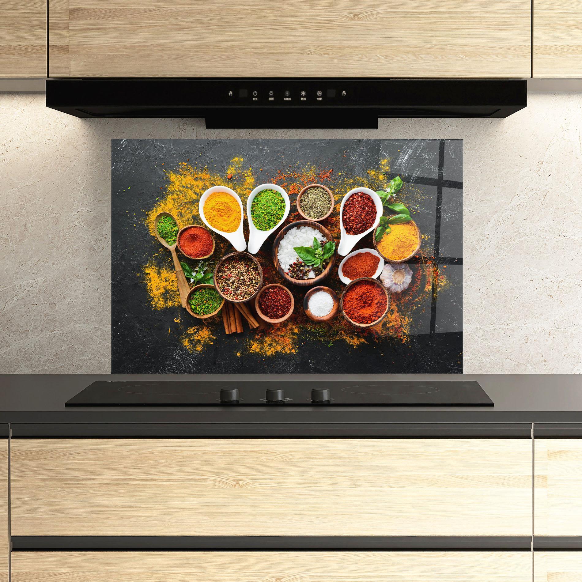 Küchenrückwand Glas Colorful Herbs Spices mockup 3