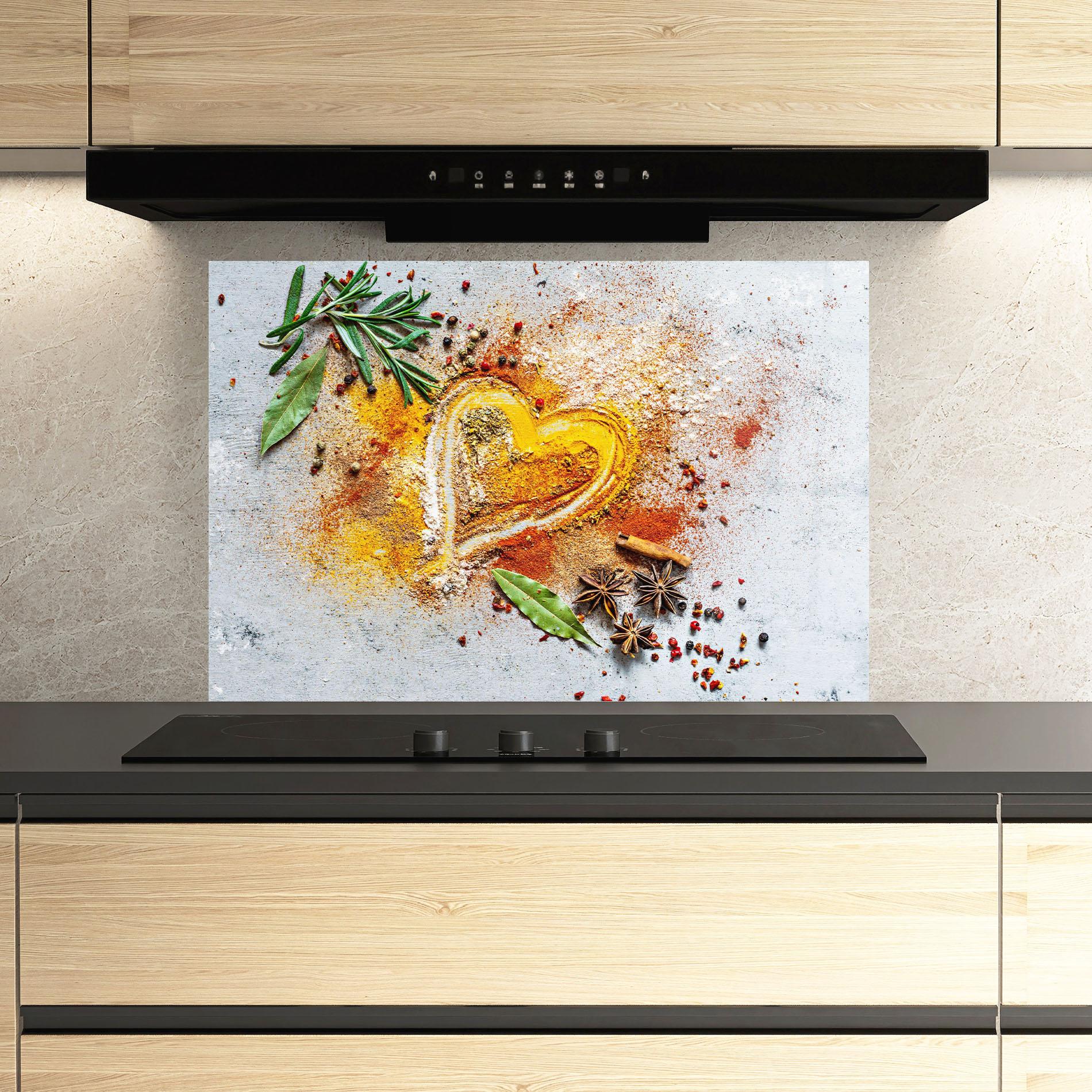 Küchenrückwand Glas Heart Spice Powders mockup 3