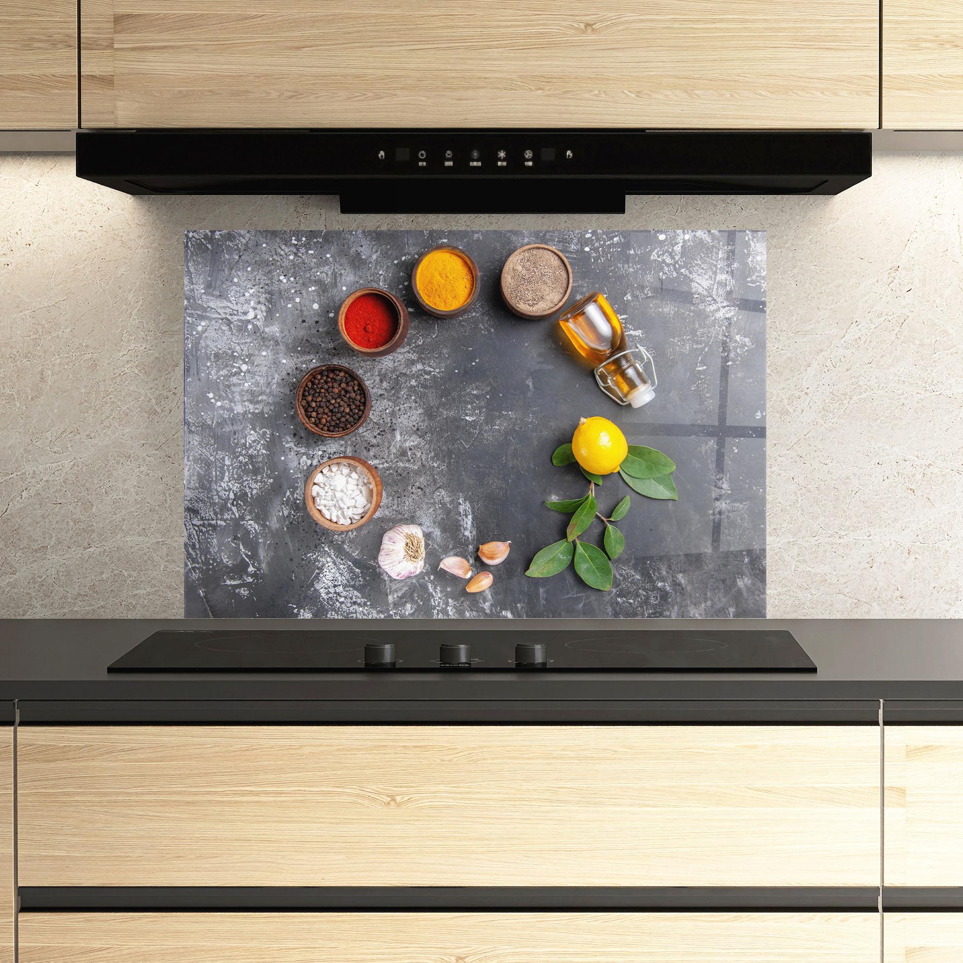 Küchenrückwand Glas Seasonings With Oil mockup 3