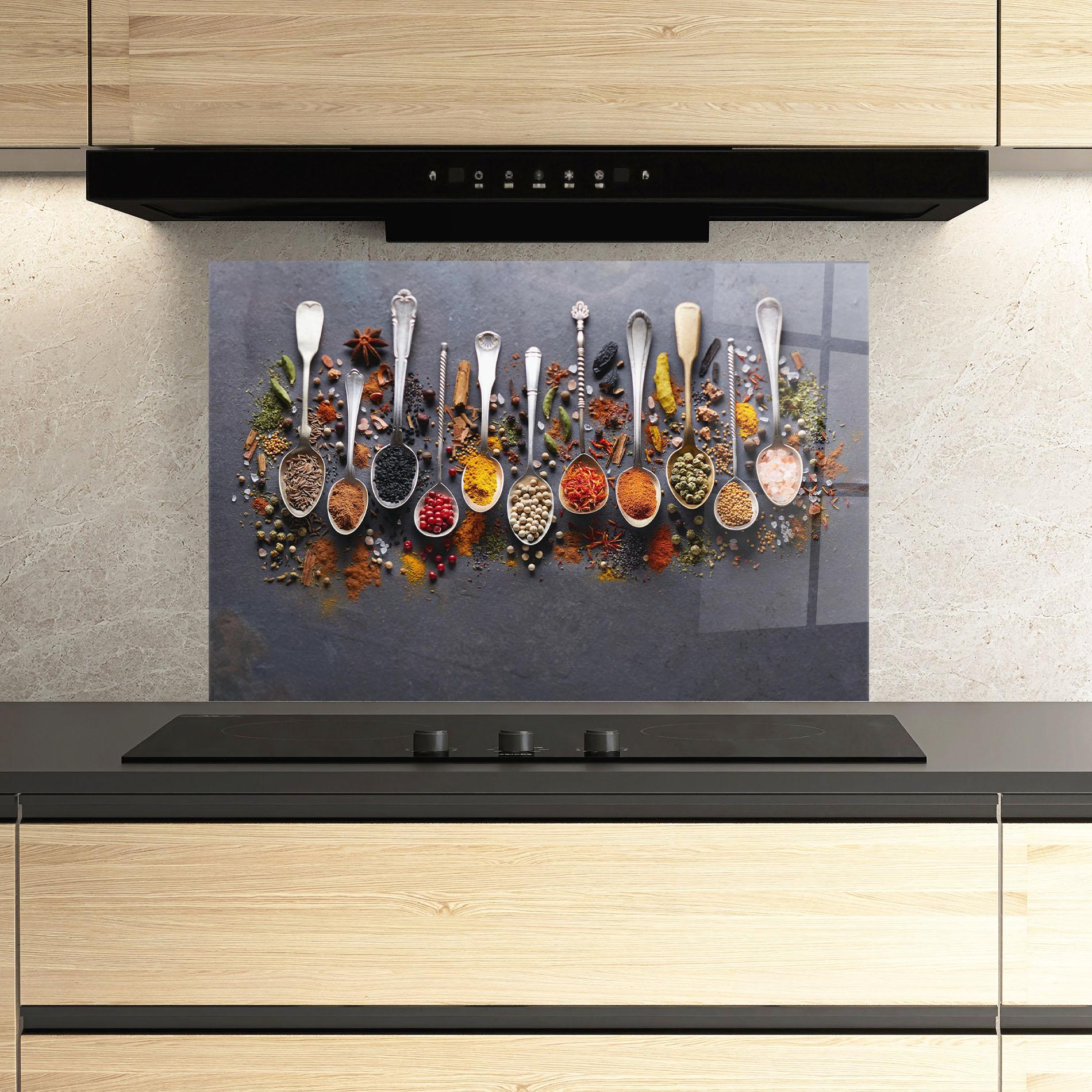 Küchenrückwand Glas Spices Black Board mockup 3