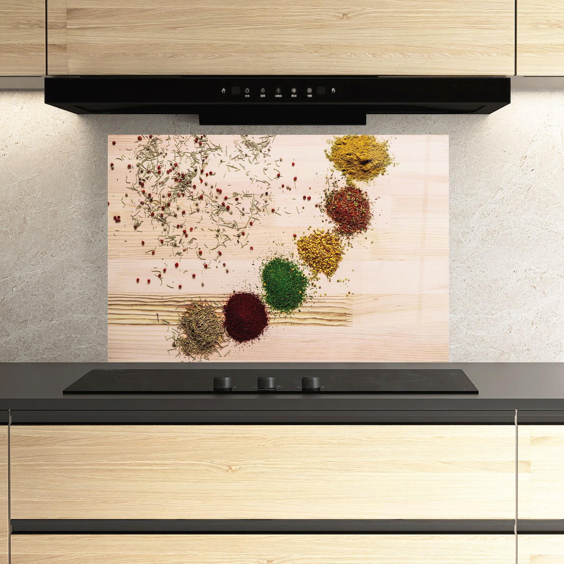 Küchenrückwand Glas Spices Wooden Table mockup 3