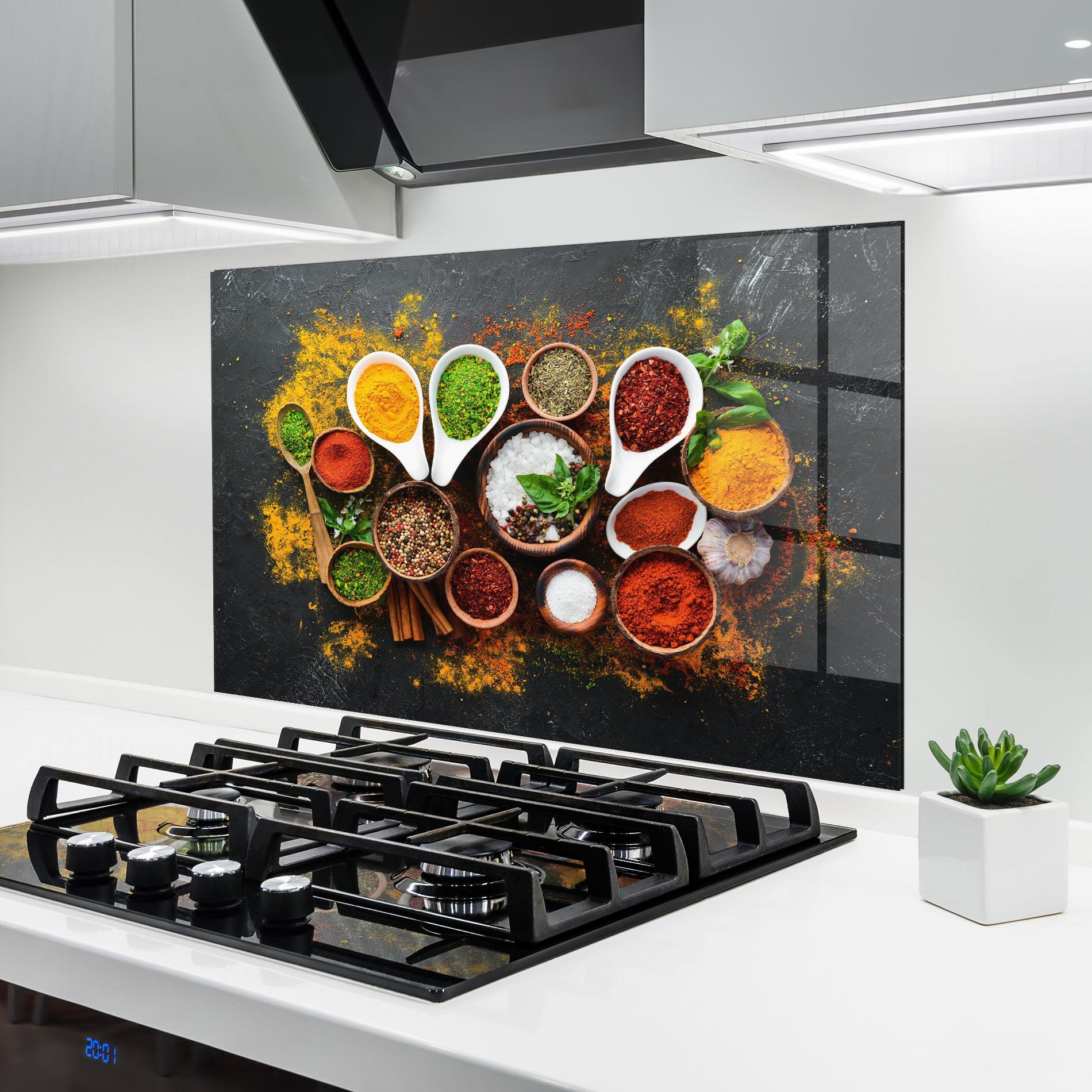 Küchenrückwand Glas Colorful Herbs Spices mockup 6