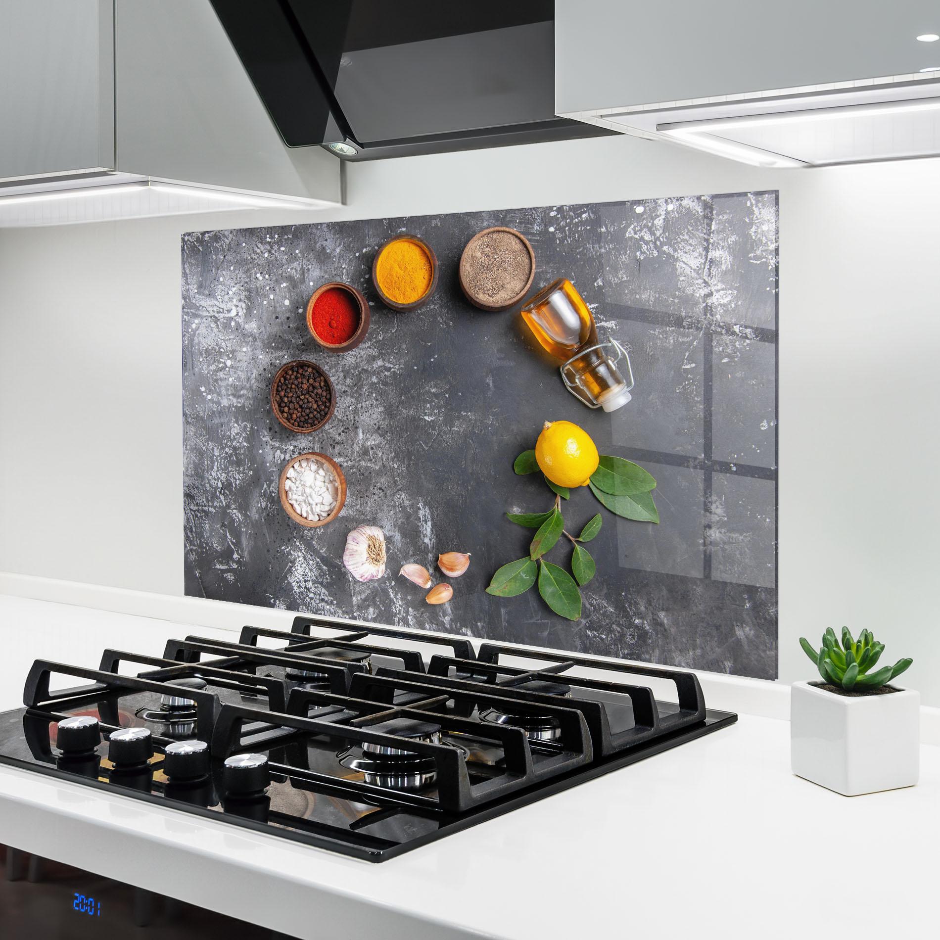 Küchenrückwand Glas Seasonings With Oil mockup 6