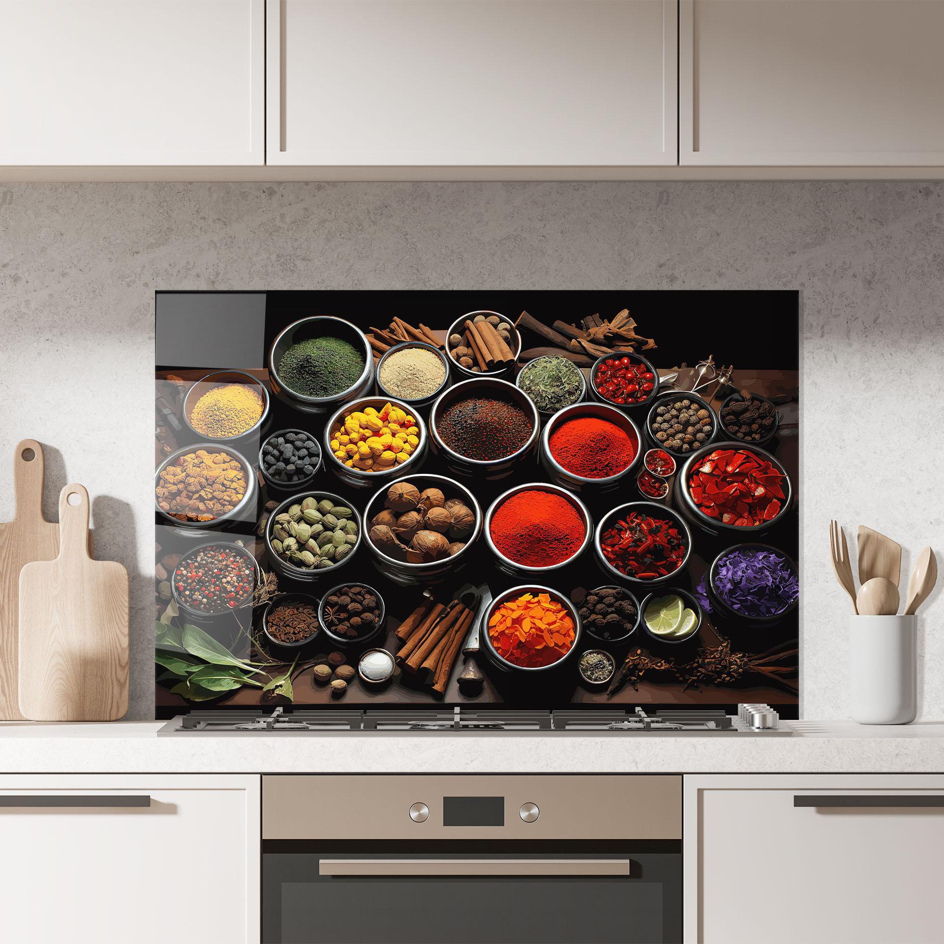 Küchenrückwand Glas Colorful Herbs Art mockup 7