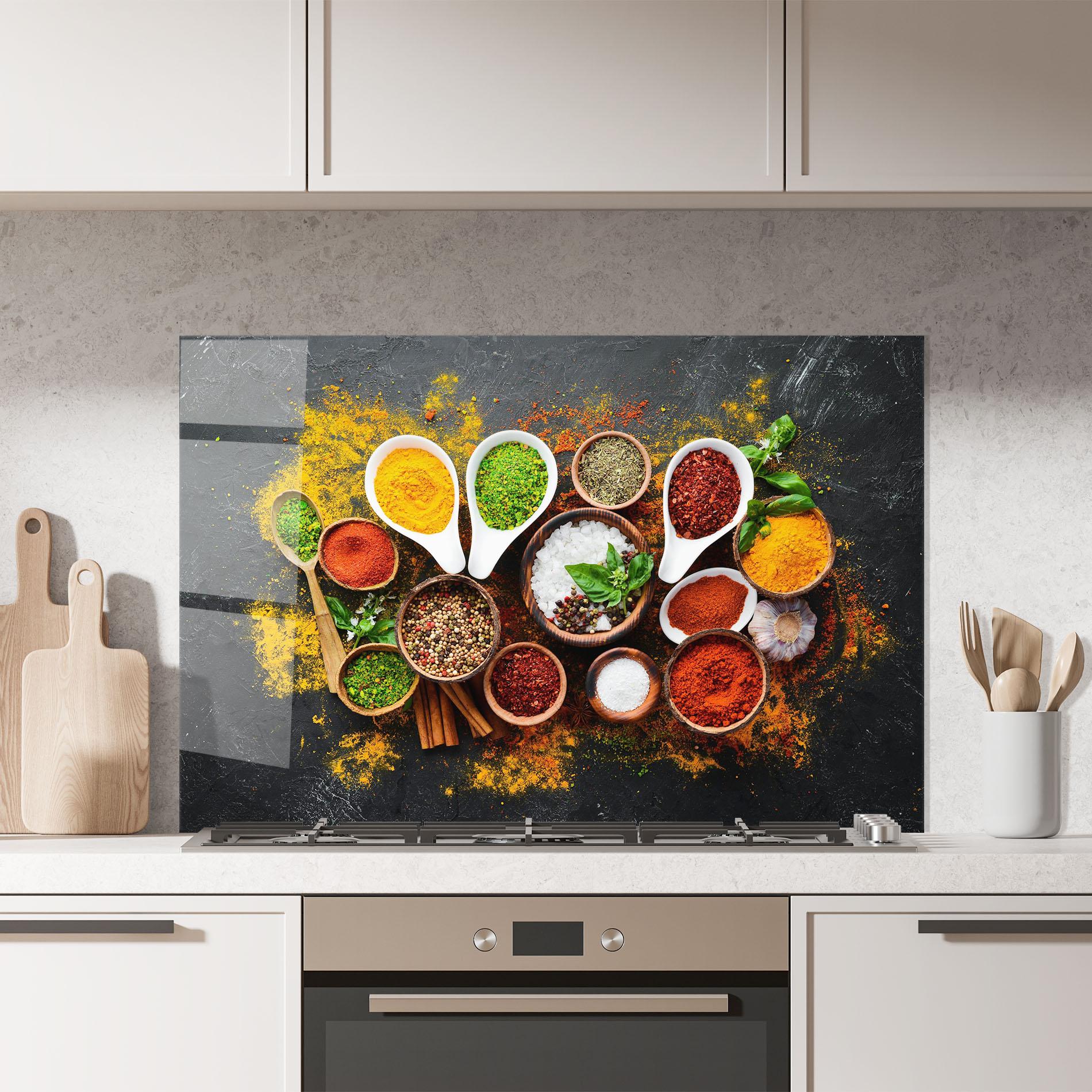Küchenrückwand Glas Colorful Herbs Spices mockup 7