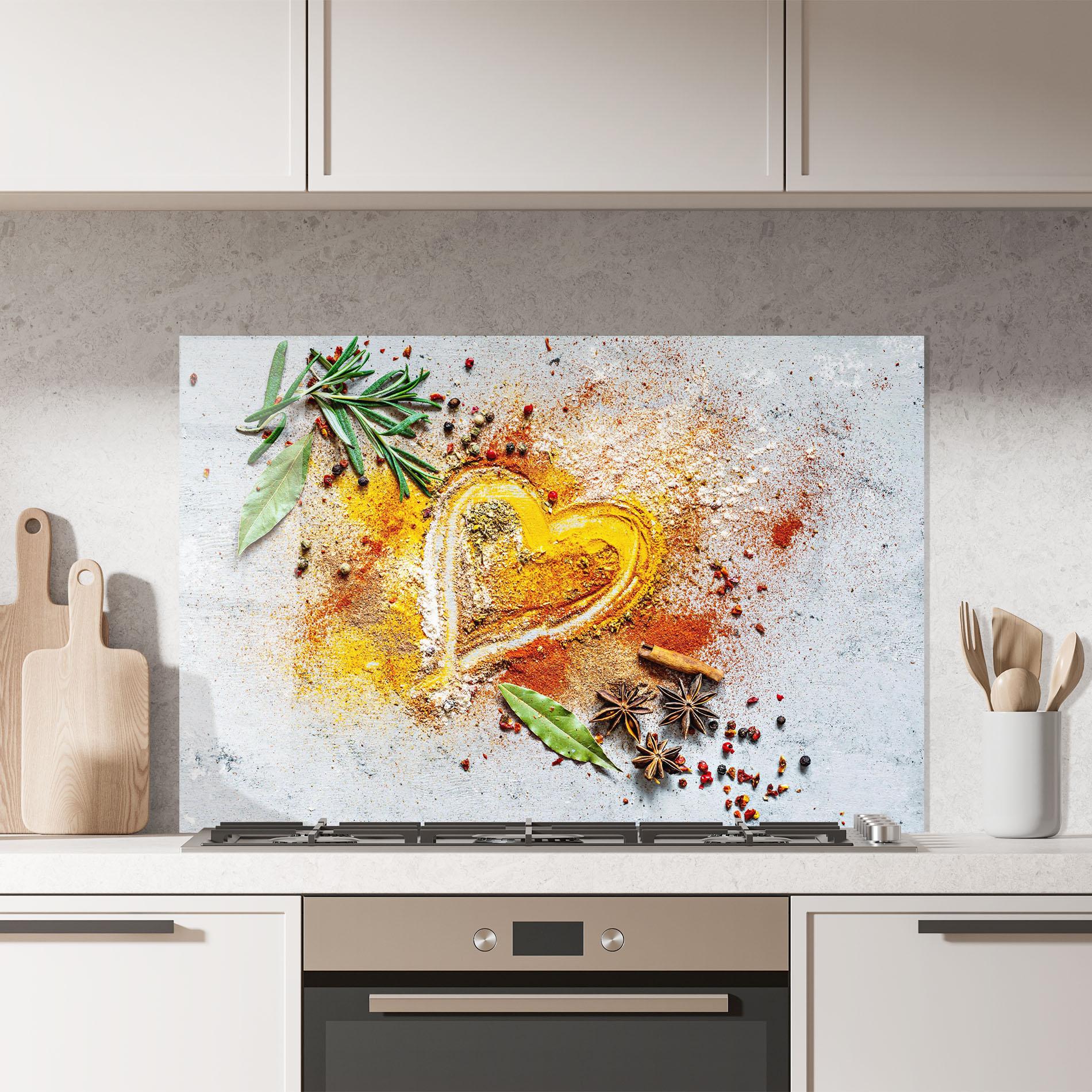 Küchenrückwand Glas Heart Spice Powders mockup 7
