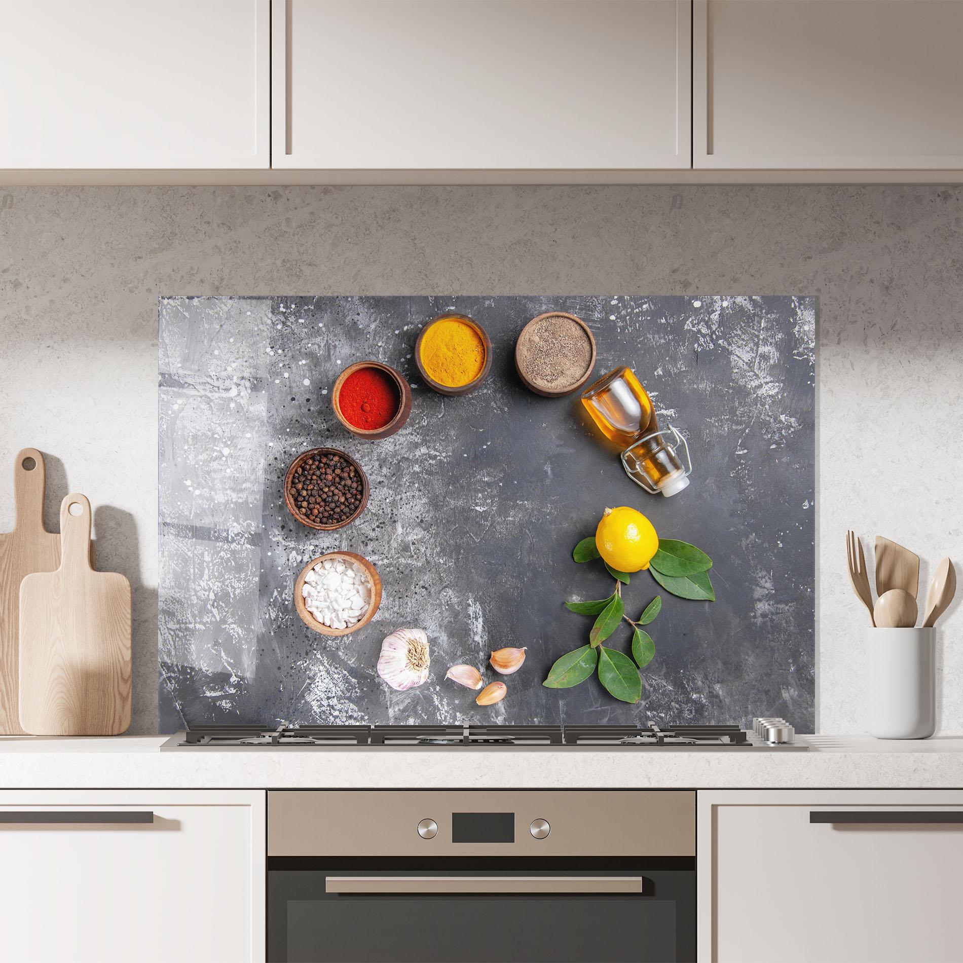 Küchenrückwand Glas Seasonings With Oil mockup 7