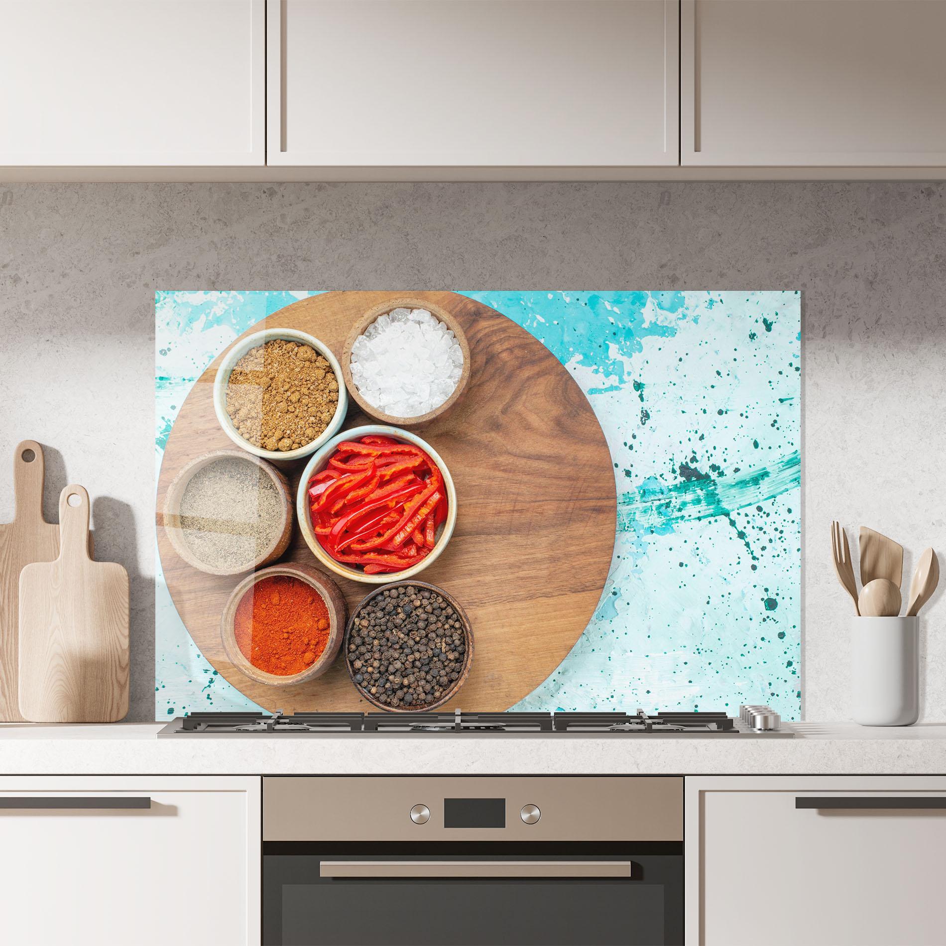 Küchenrückwand Glas Spices On Blue mockup 7