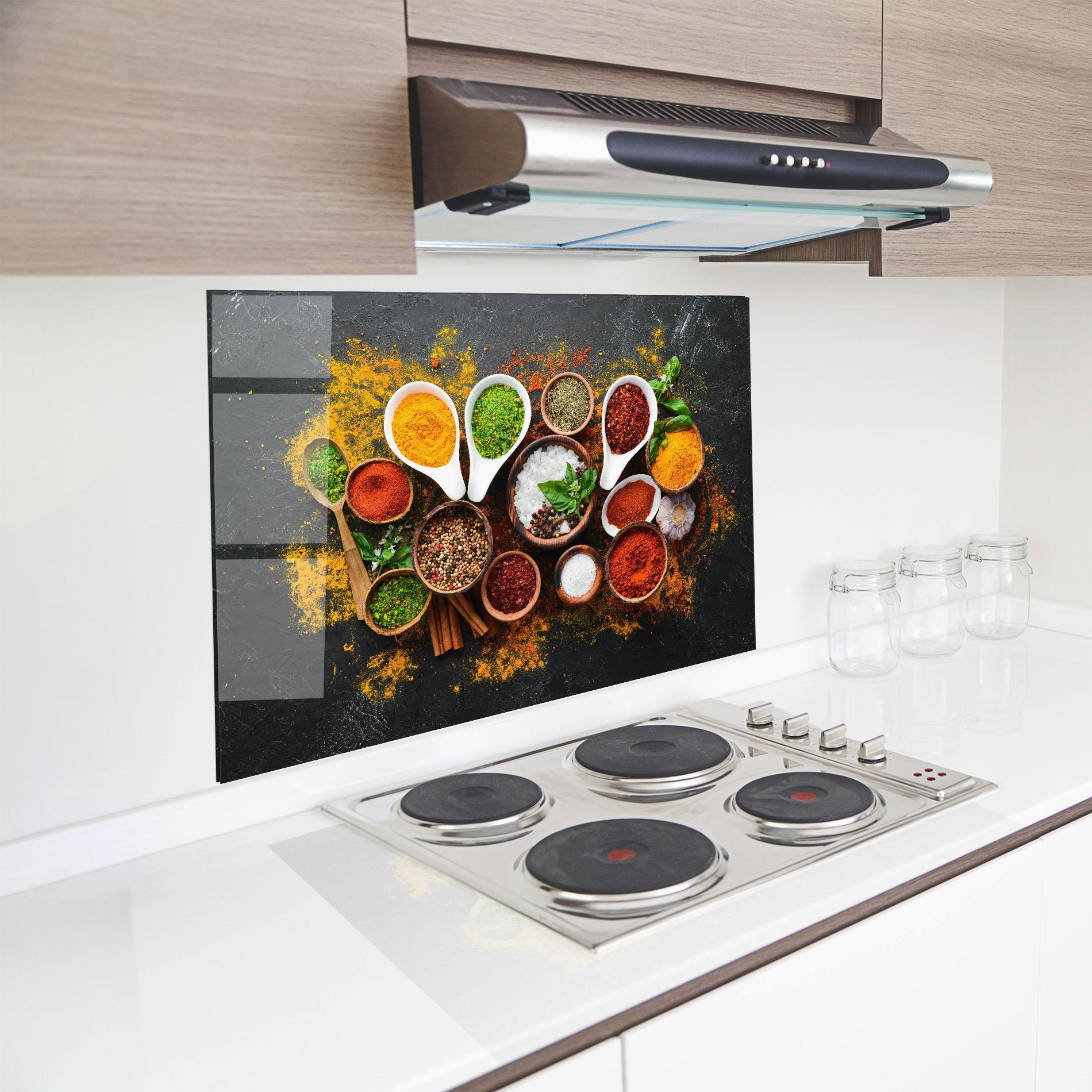 Küchenrückwand Glas Colorful Herbs Spices mockup 8