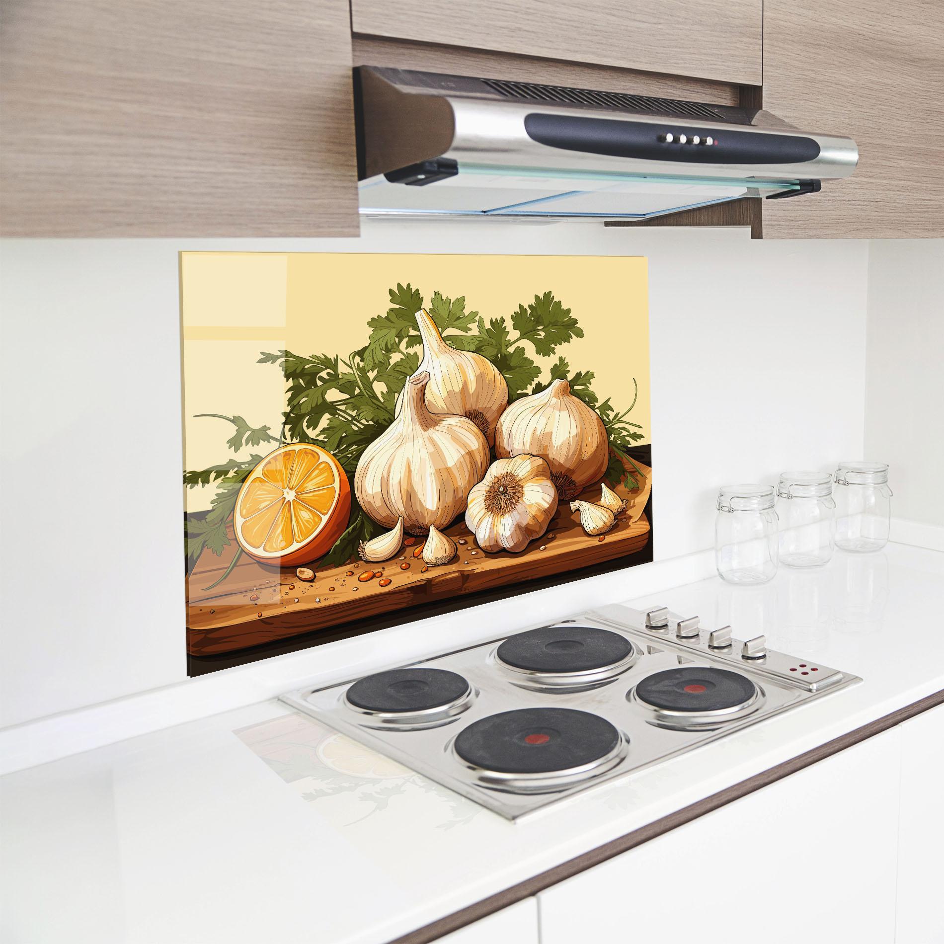 Küchenrückwand Glas Garlic Lemon mockup 8