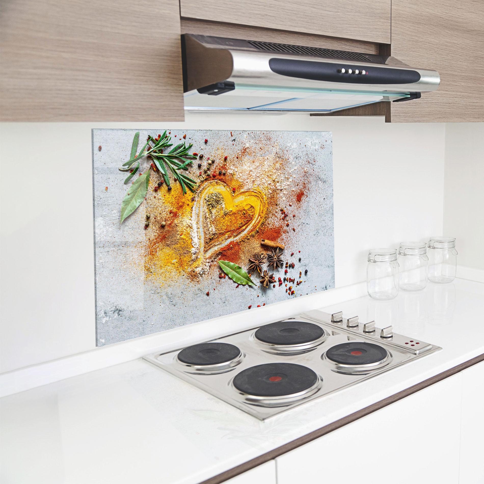 Küchenrückwand Glas Heart Spice Powders mockup 8