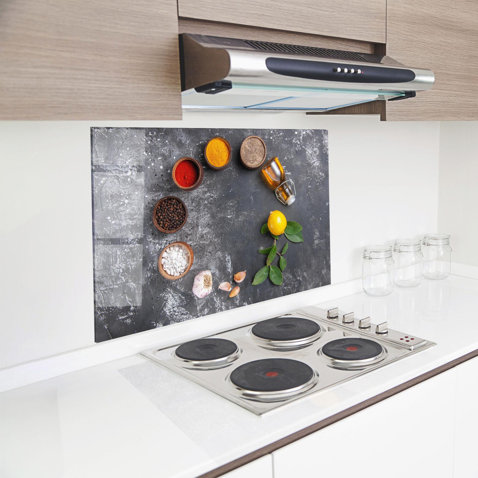 Küchenrückwand Glas Seasonings With Oil mockup 8