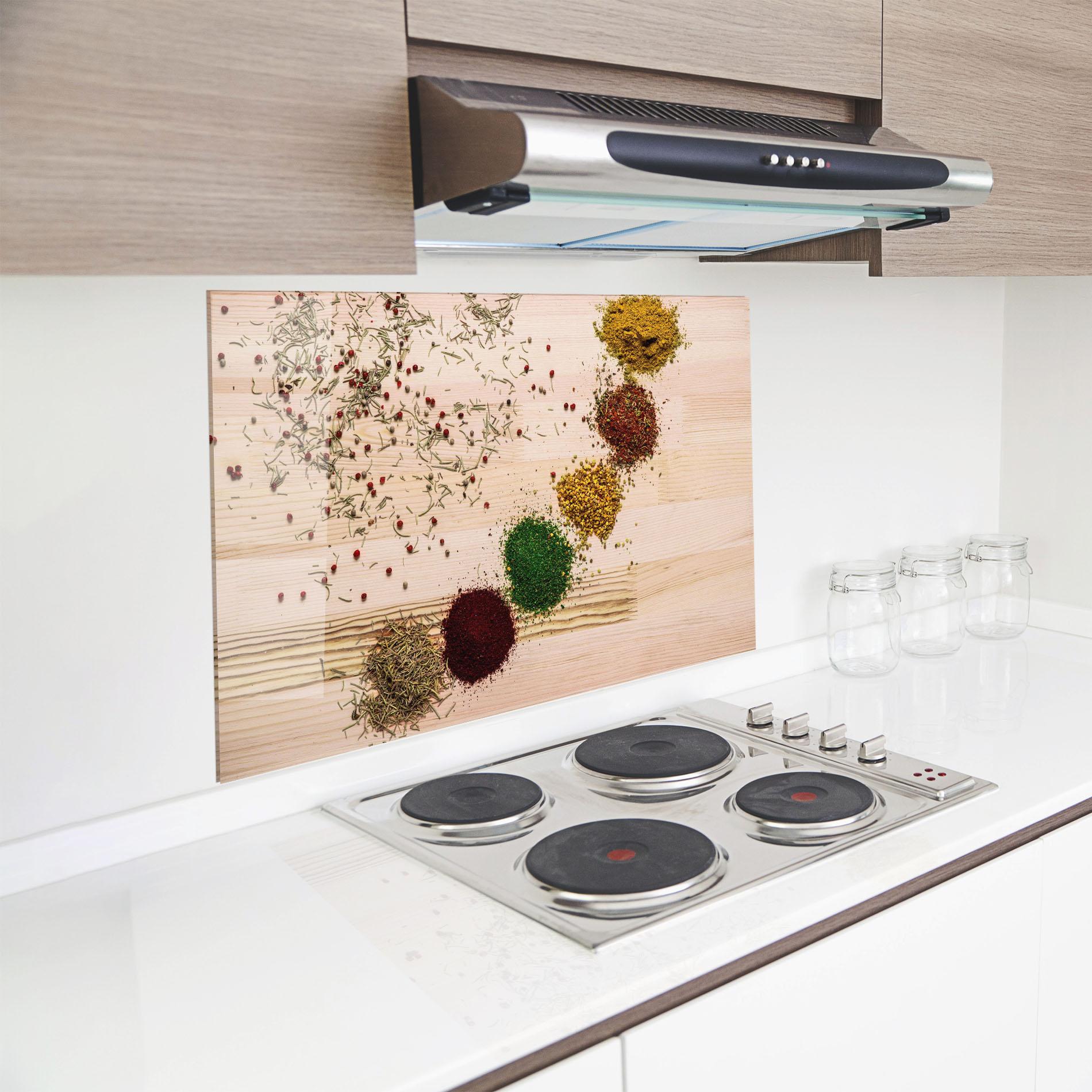 Küchenrückwand Glas Spices Wooden Table mockup 8