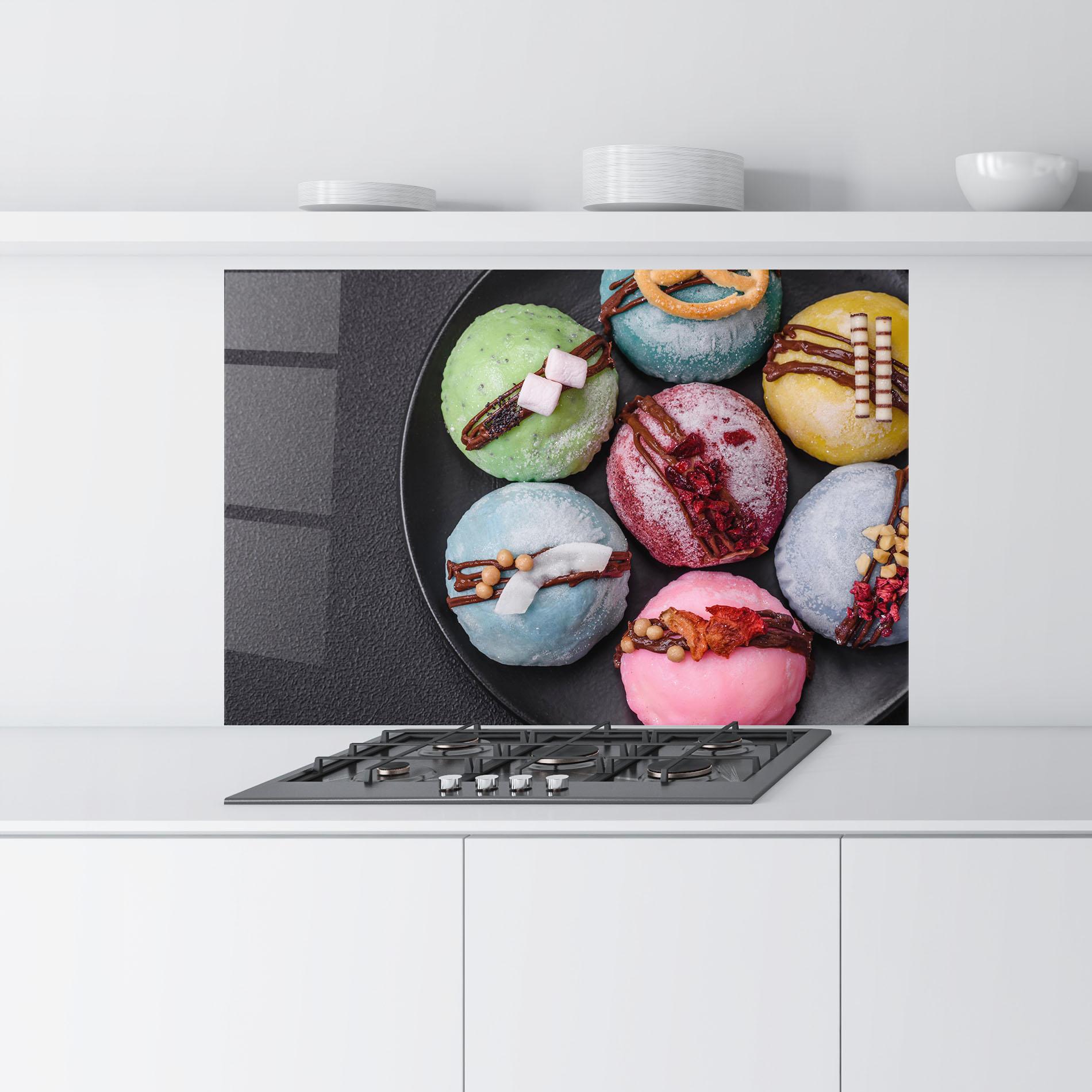 Küchenrückwand Glas Colorful Mochi Desserts mockup 9