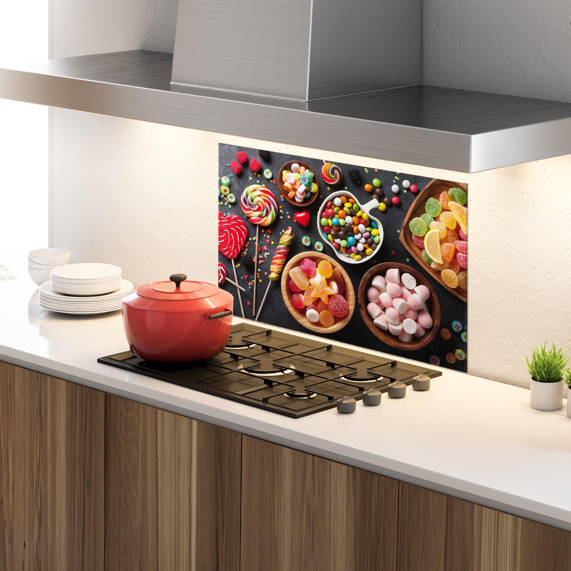 Küchenrückwand Glas Colorful Candies mockup 4