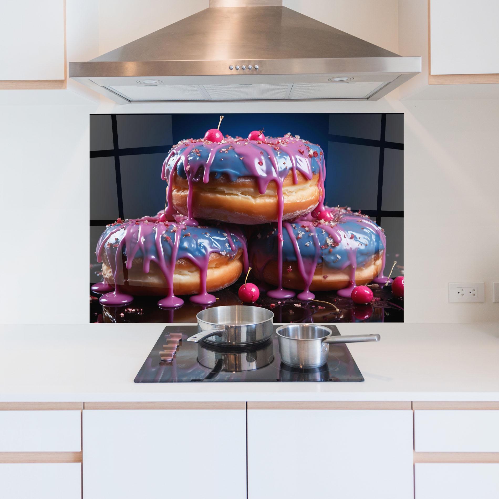 Küchenrückwand Glas Blue Pink Donuts mockup 5