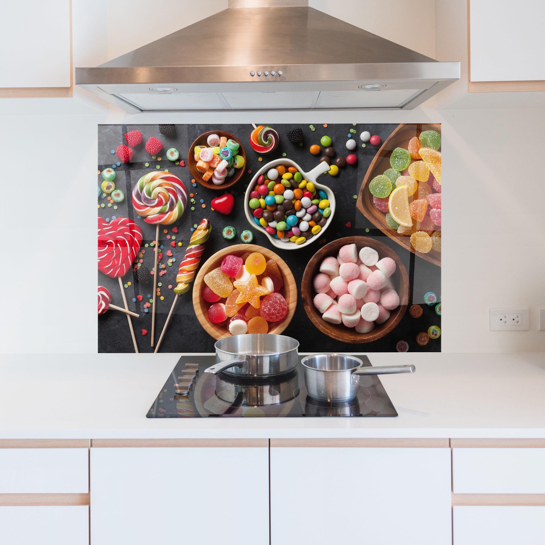 Küchenrückwand Glas Colorful Candies mockup 5