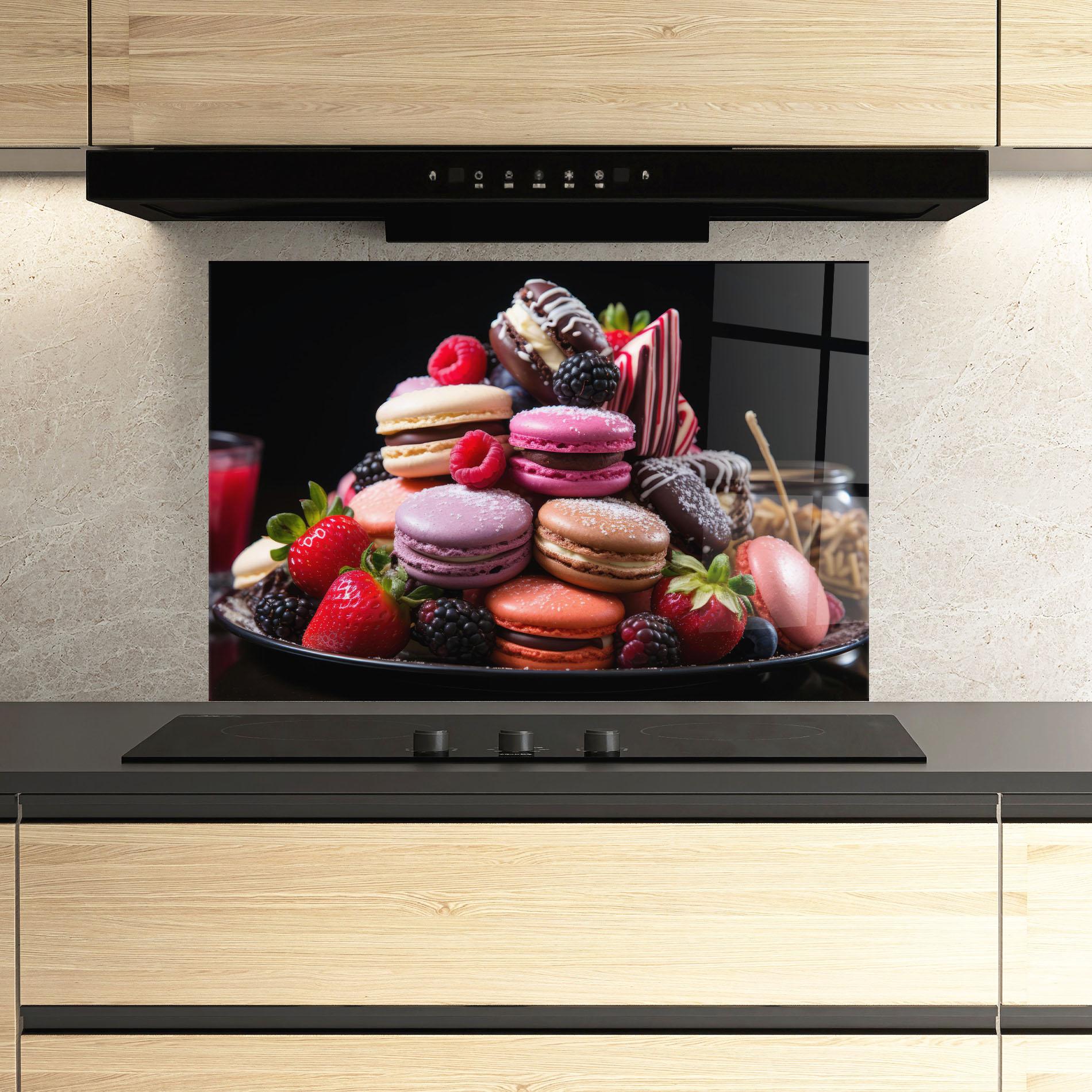 Küchenrückwand Glas Berries Macarons mockup 3