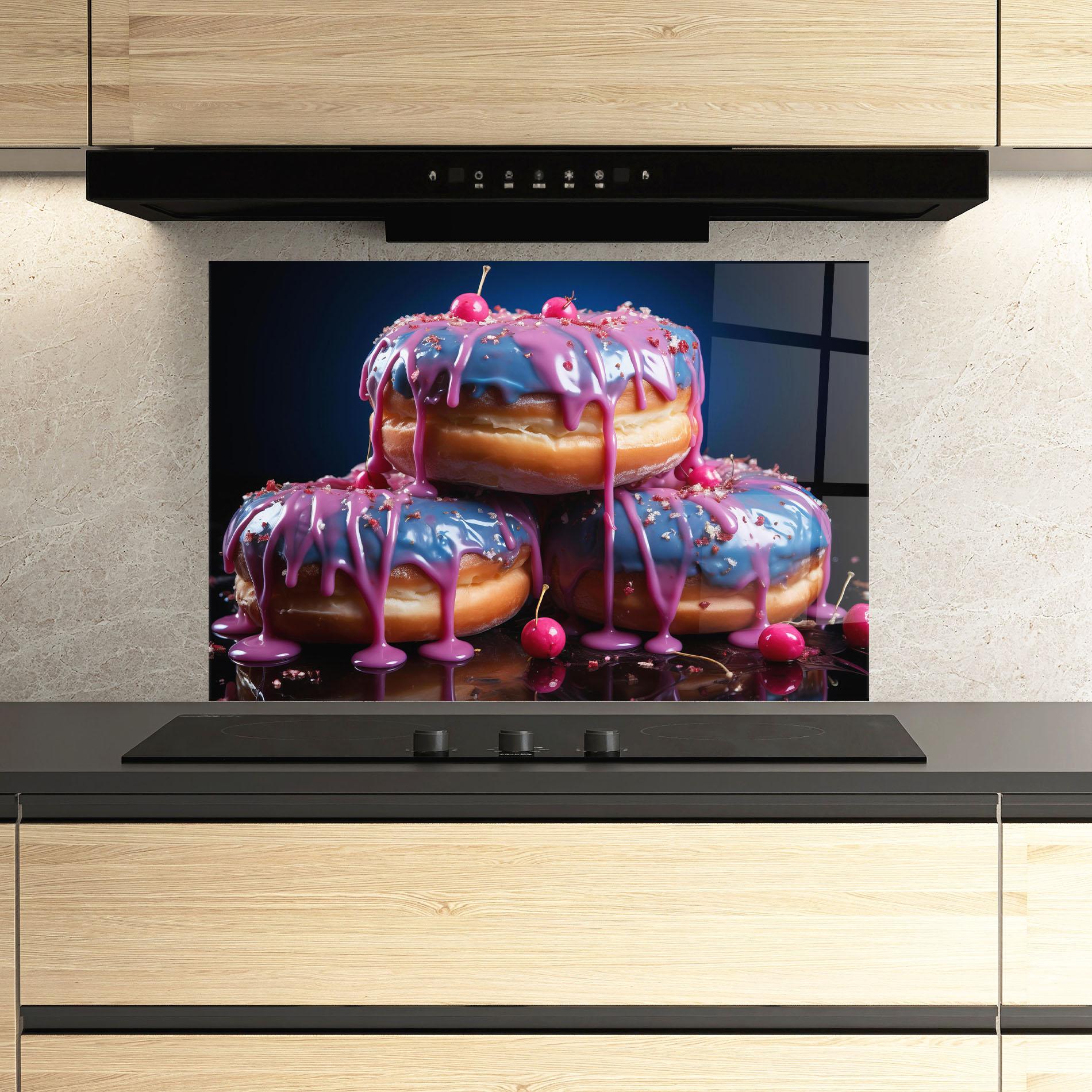 Küchenrückwand Glas Blue Pink Donuts mockup 3