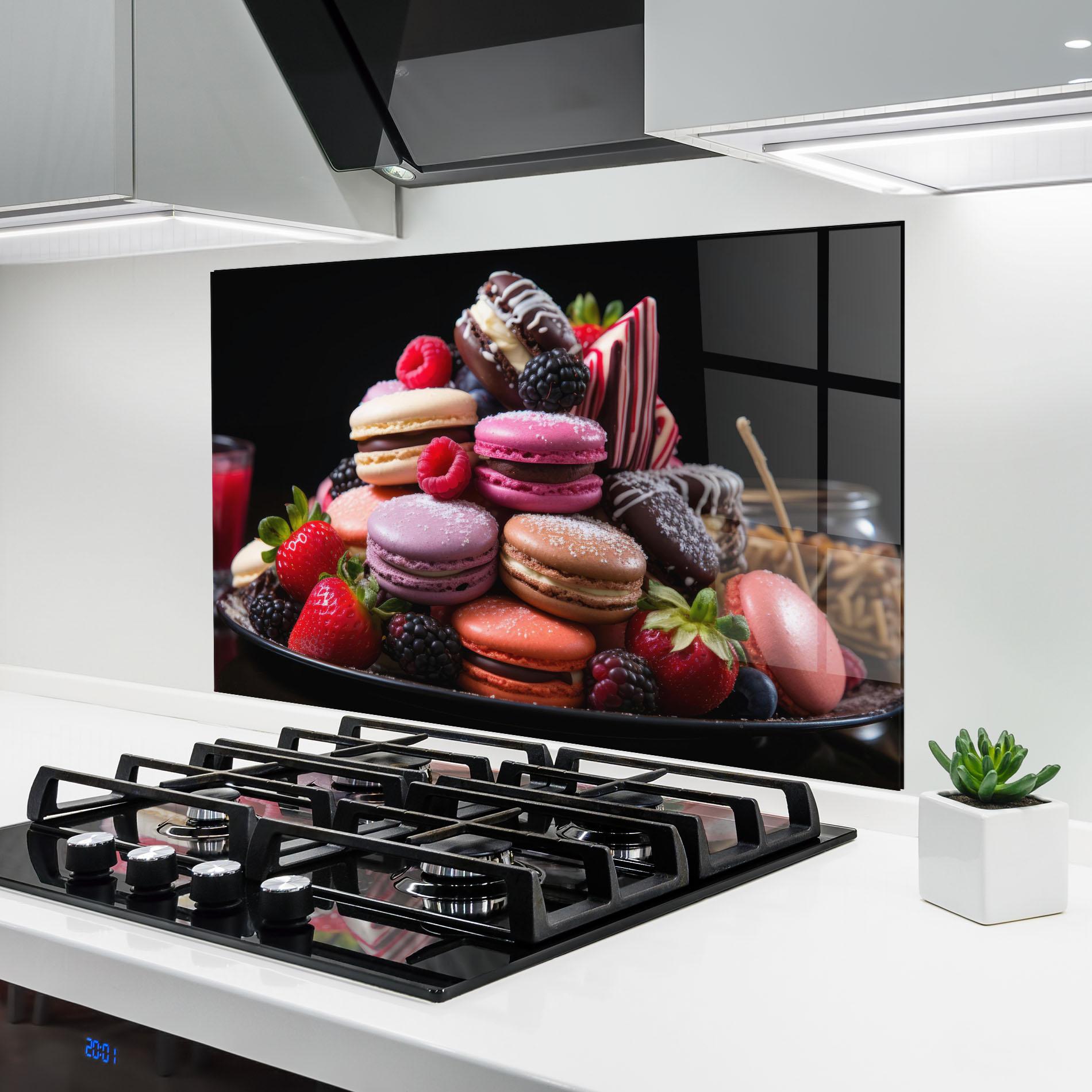 Küchenrückwand Glas Berries Macarons mockup 6