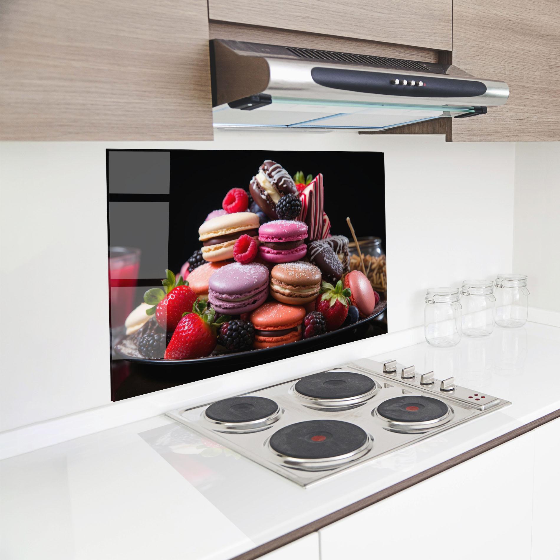 Küchenrückwand Glas Berries Macarons mockup 8