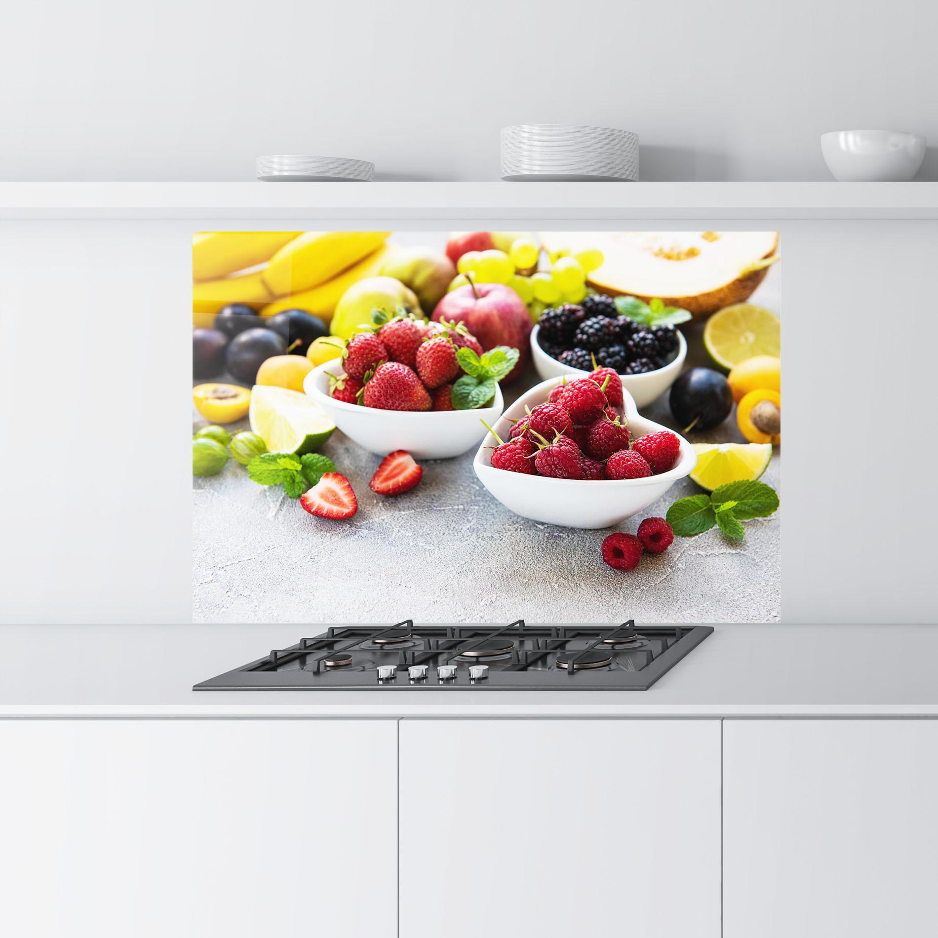 Küchenrückwand Glas Heart Fresh Fruits mockup 9