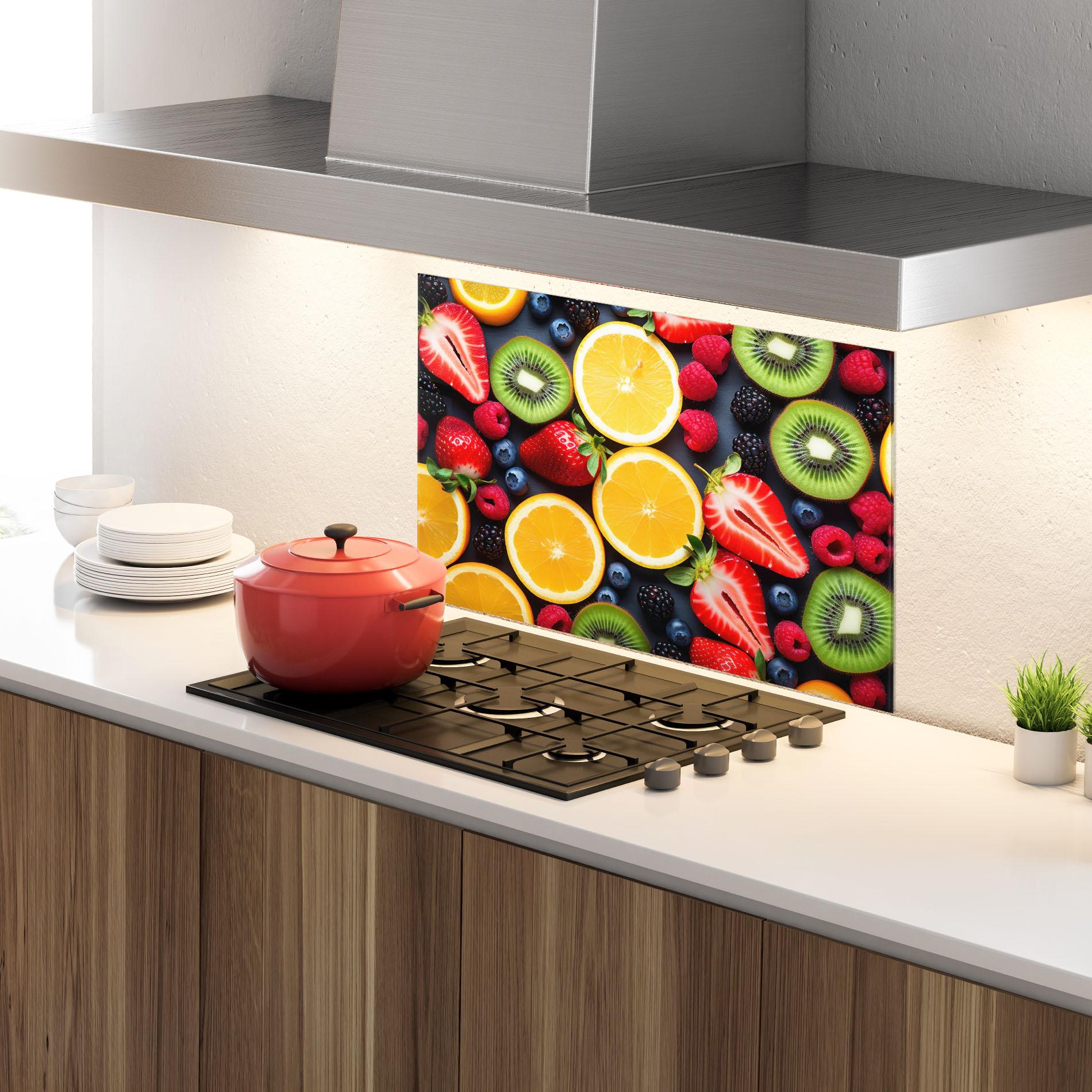 Küchenrückwand Glas Orange Fruit Mix mockup 4