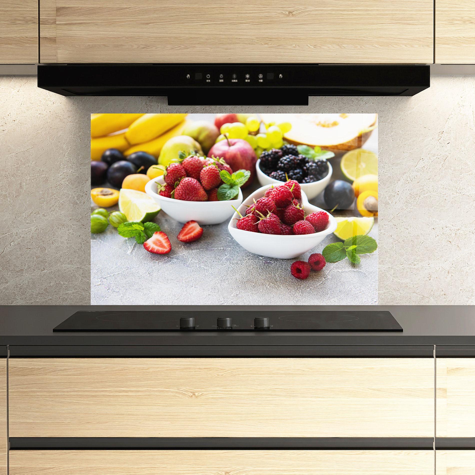 Küchenrückwand Glas Heart Fresh Fruits mockup 3