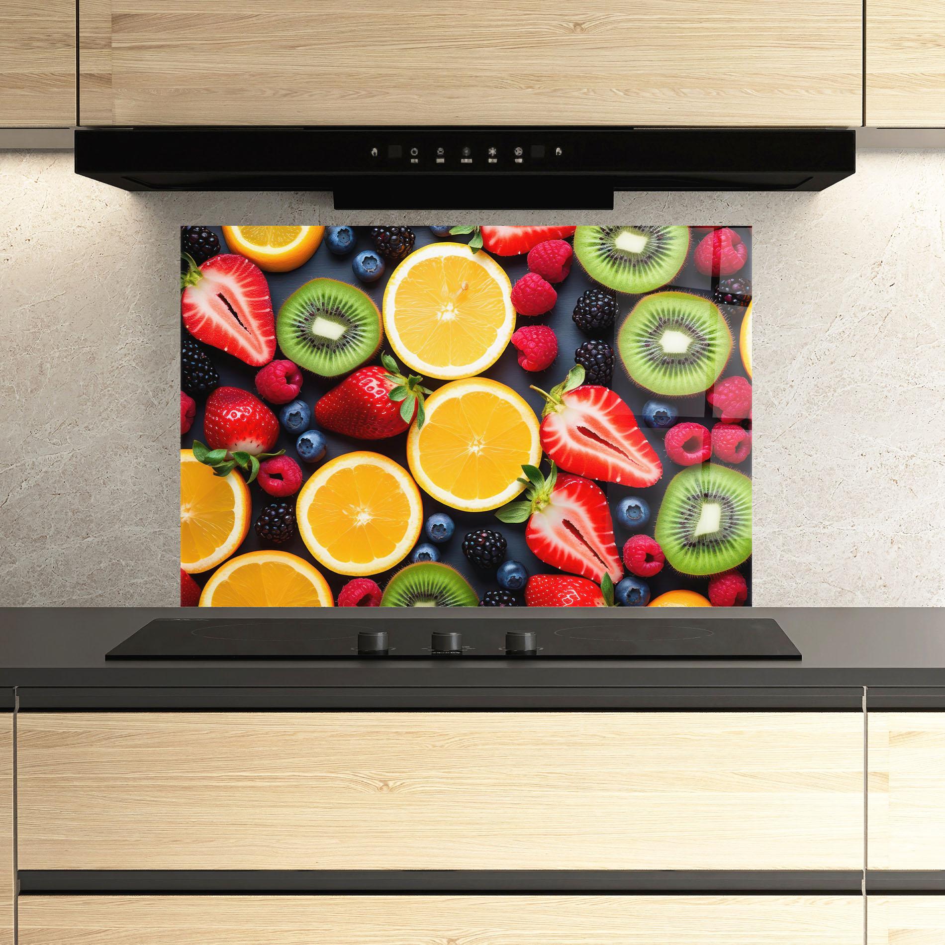 Küchenrückwand Glas Orange Fruit Mix mockup 3