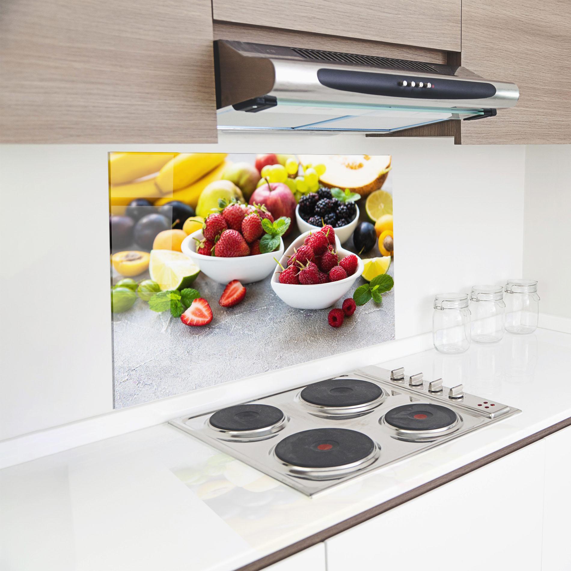 Küchenrückwand Glas Heart Fresh Fruits mockup 8