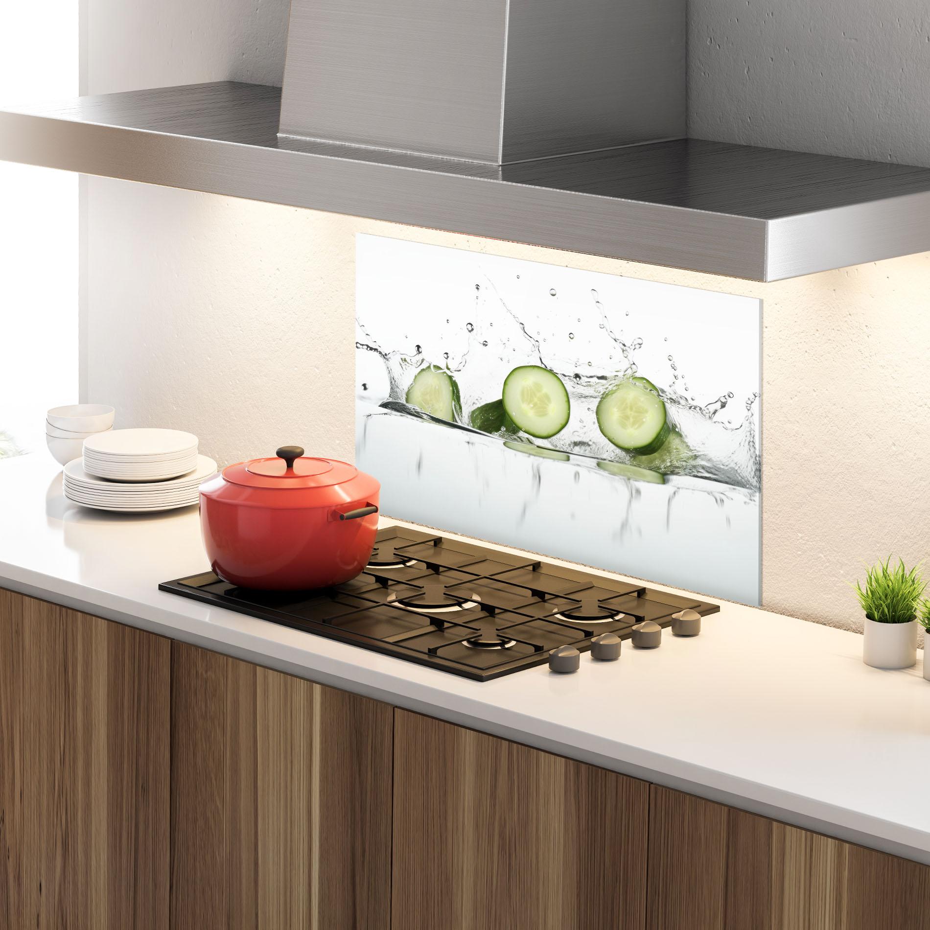 Küchenrückwand Glas Cucumber Cool Splash mockup 4