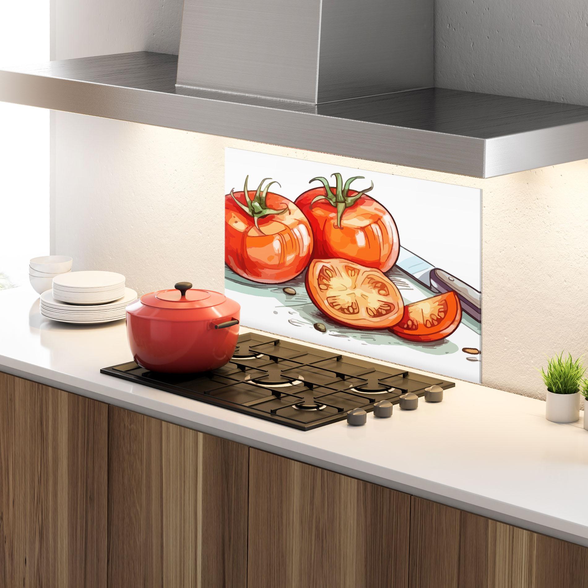 Küchenrückwand Glas Drawing Tomato Art mockup 4