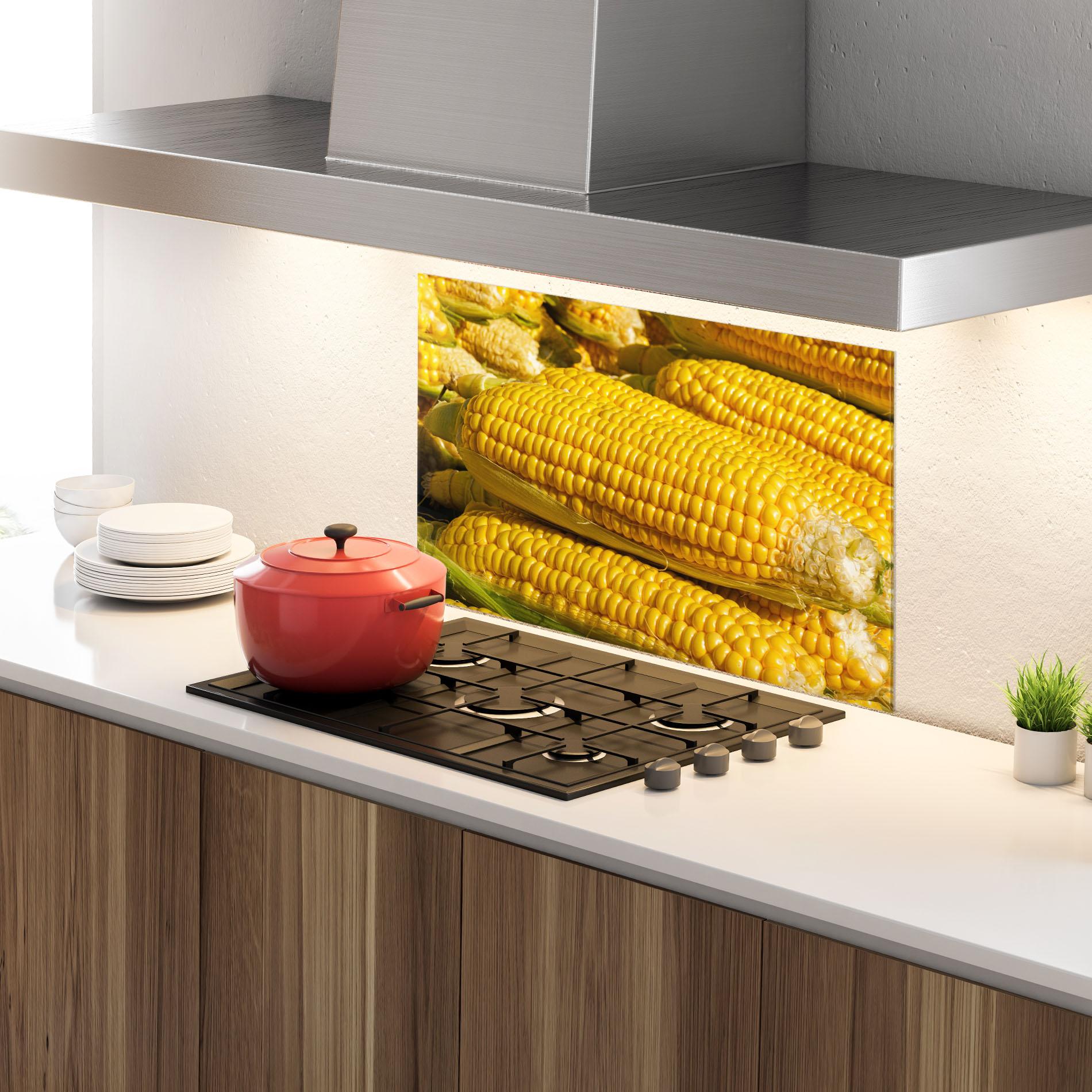 Küchenrückwand Glas Strong Yellow Corn mockup 4