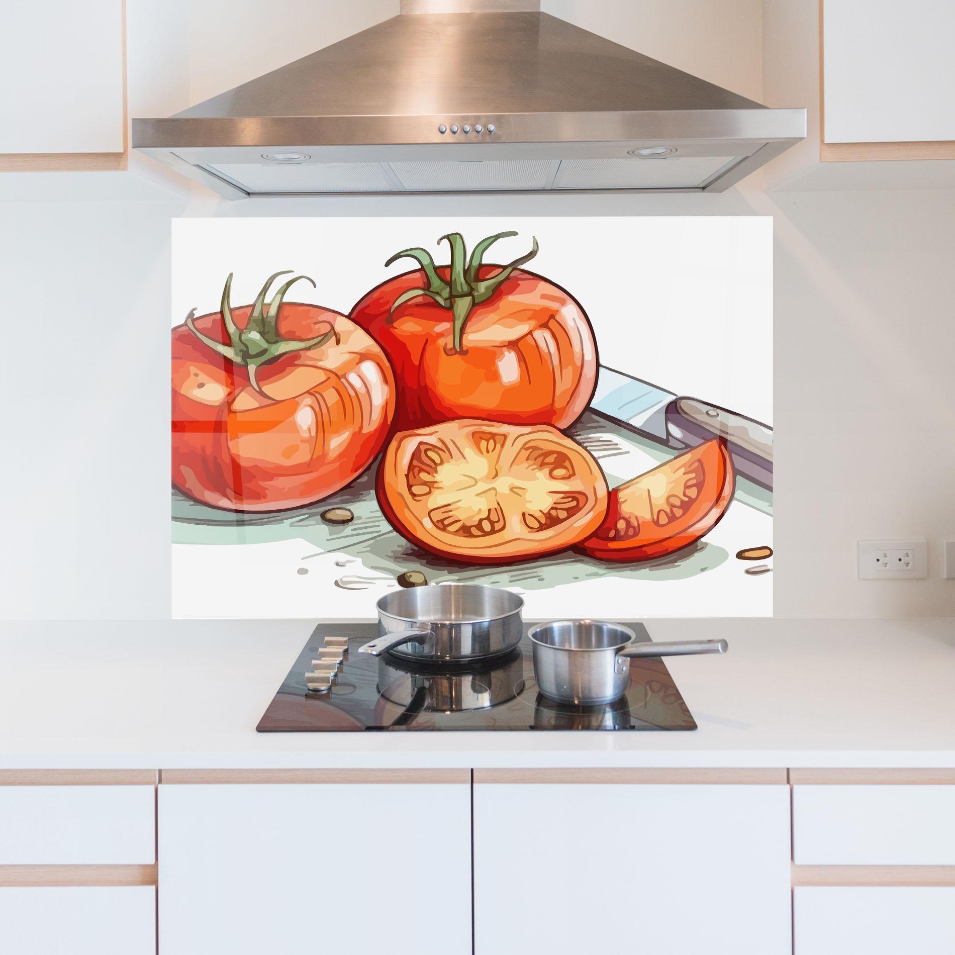 Küchenrückwand Glas Drawing Tomato Art mockup 5