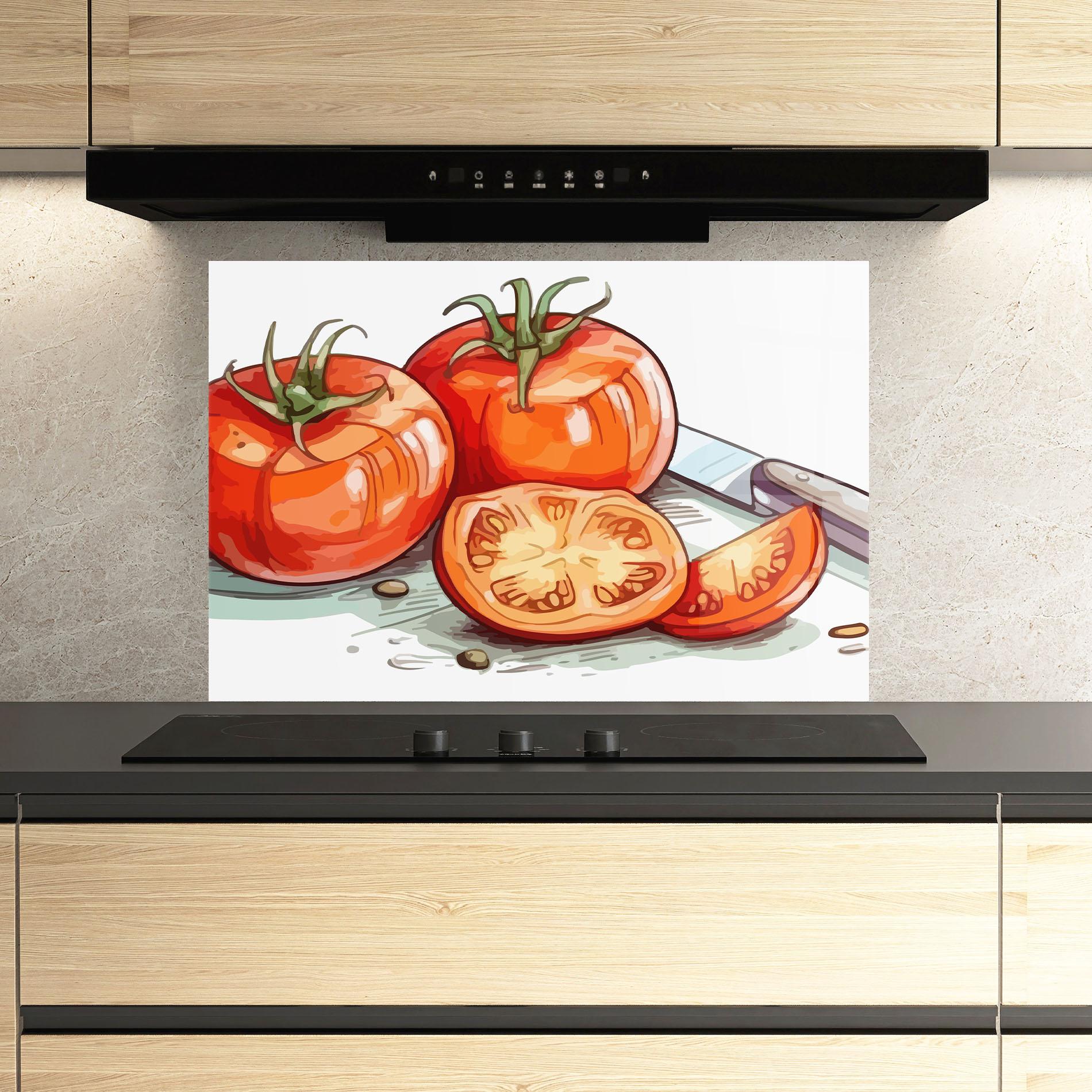 Küchenrückwand Glas Drawing Tomato Art mockup 3