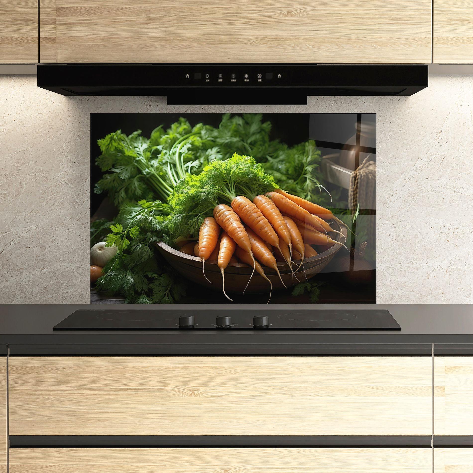 Küchenrückwand Glas Fresh Carrots Basket mockup 3