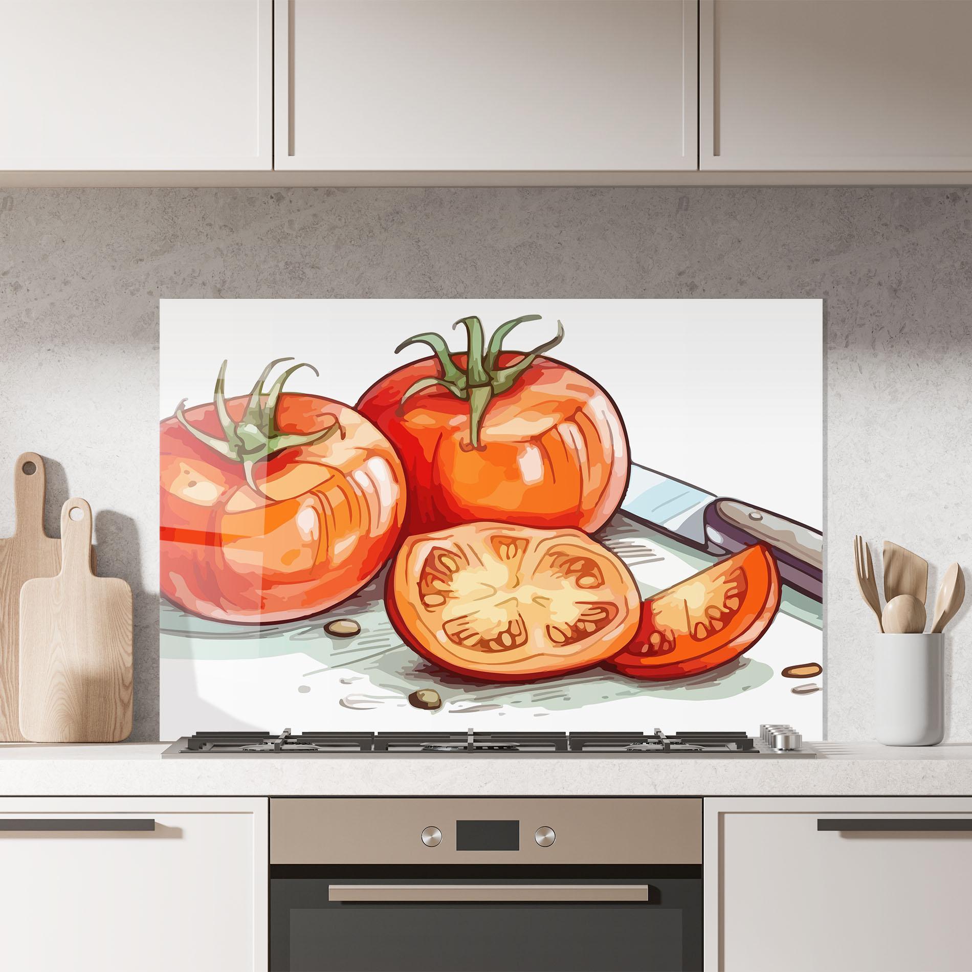 Küchenrückwand Glas Drawing Tomato Art mockup 7