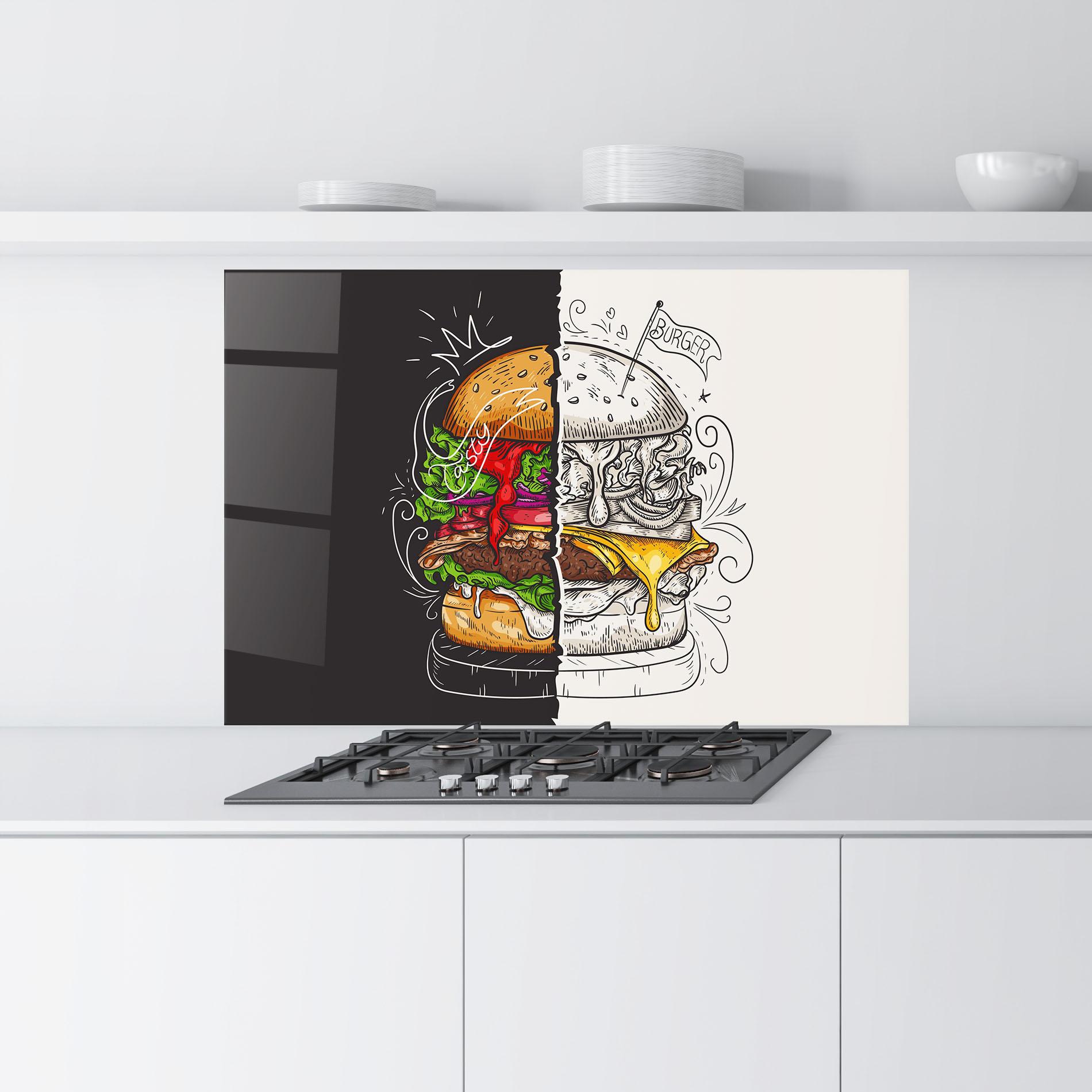 Küchenrückwand Glas Burger Art mockup 9