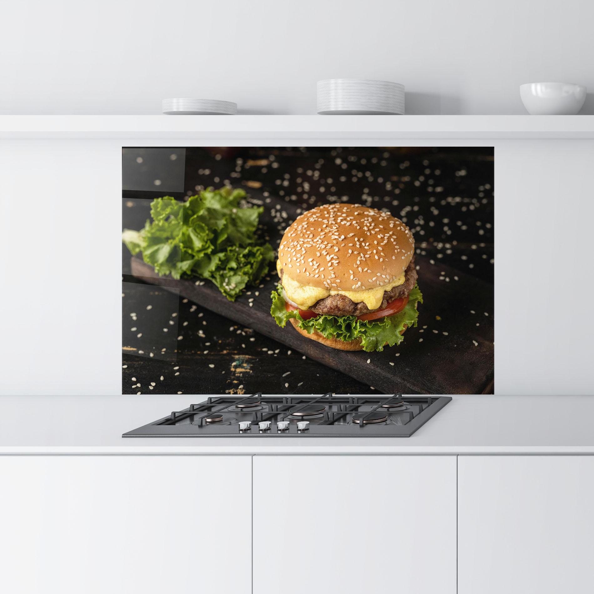Küchenrückwand Glas Salad Hamburger mockup 9