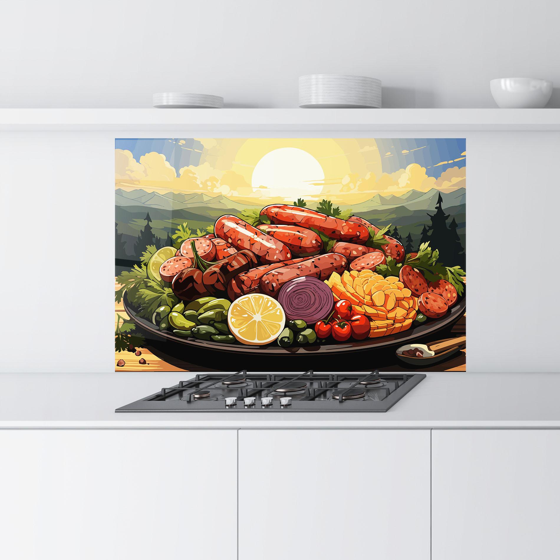 Küchenrückwand Glas Sunset Sousages mockup 9