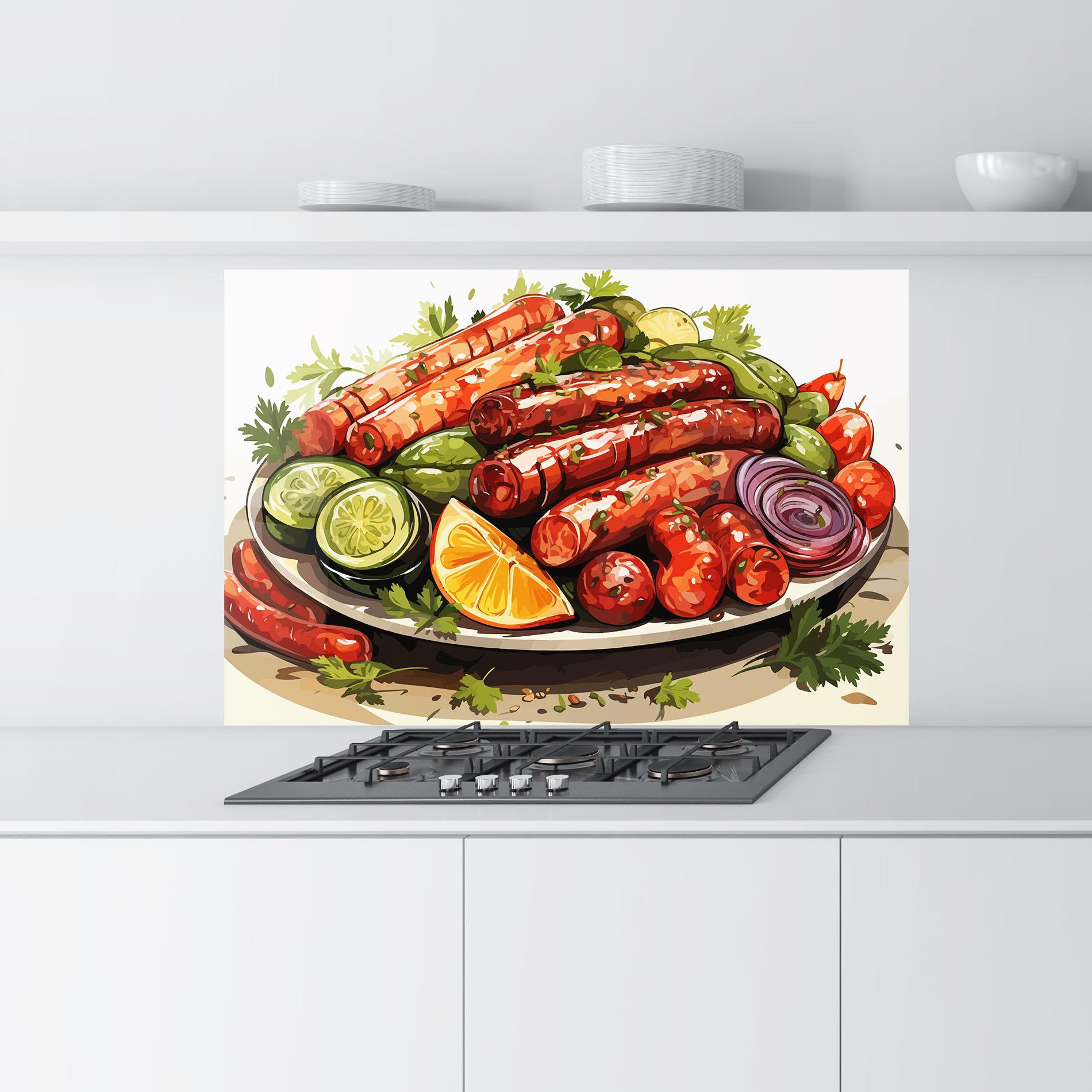 Küchenrückwand Glas Tasty Sousages mockup 9