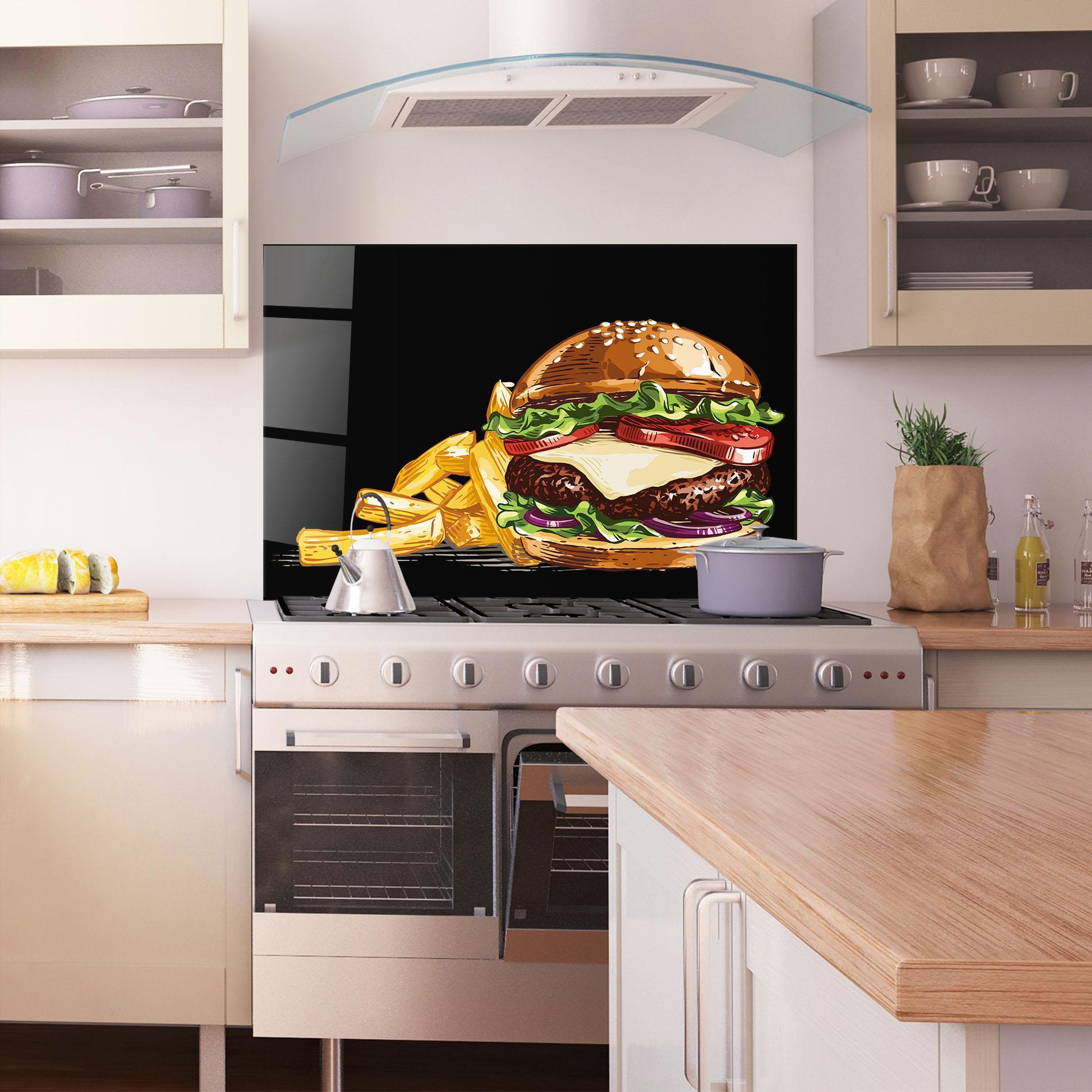 Küchenrückwand Glas Burger Fries mockup 1