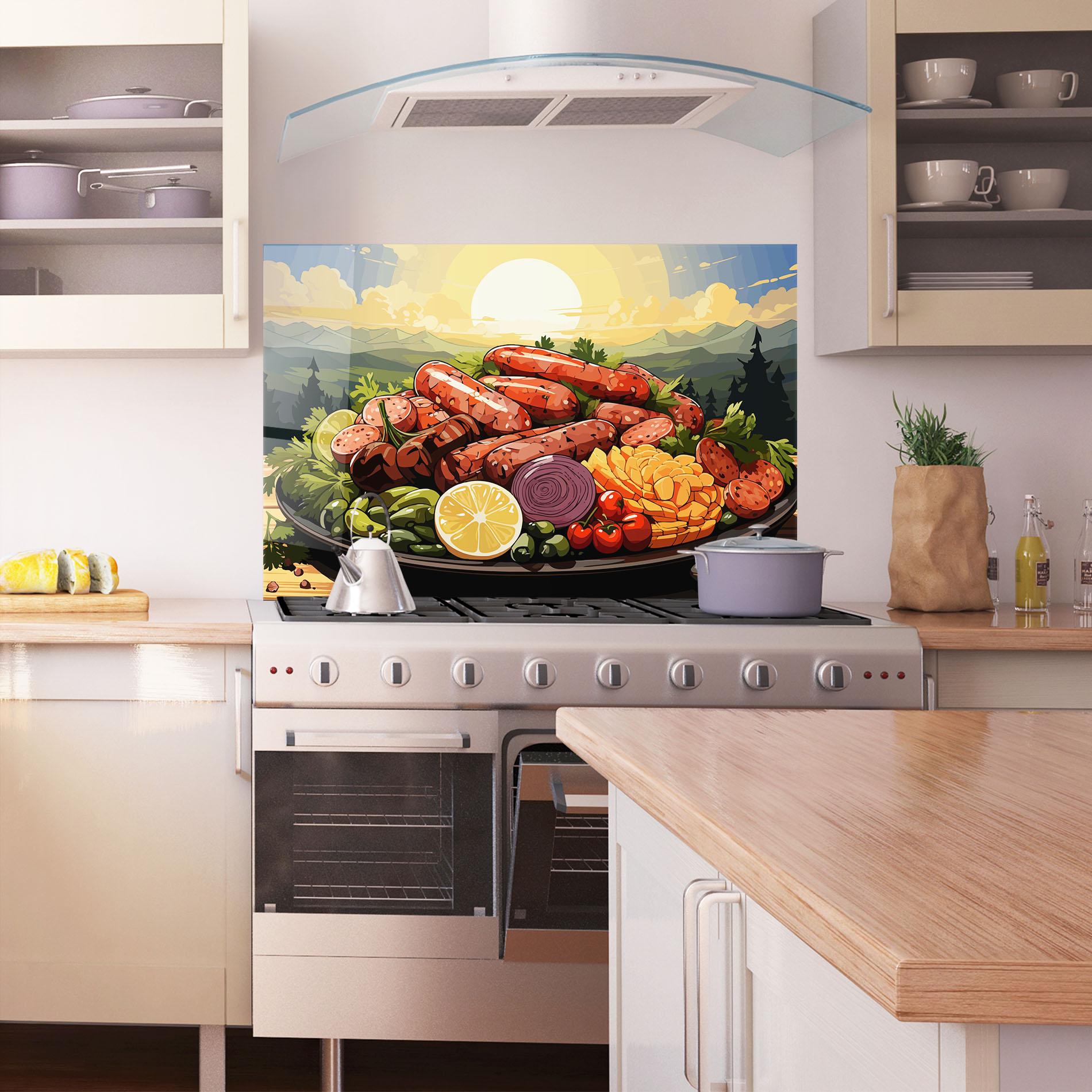 Küchenrückwand Glas Sunset Sousages mockup 1